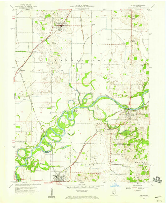 Classic USGS Lyons Indiana 7.5'x7.5' Topo Map Image