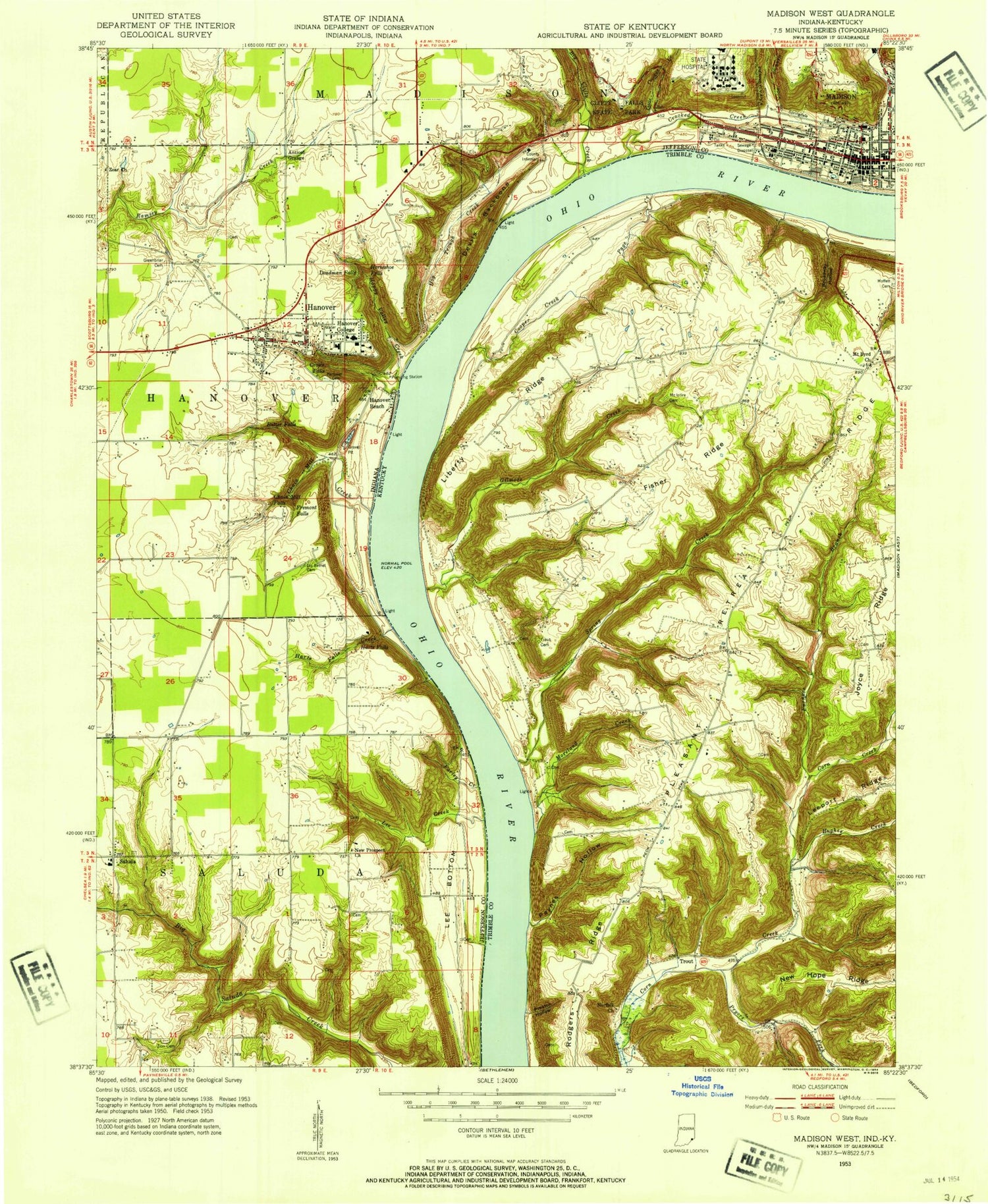 Classic USGS Madison West Indiana 7.5'x7.5' Topo Map Image