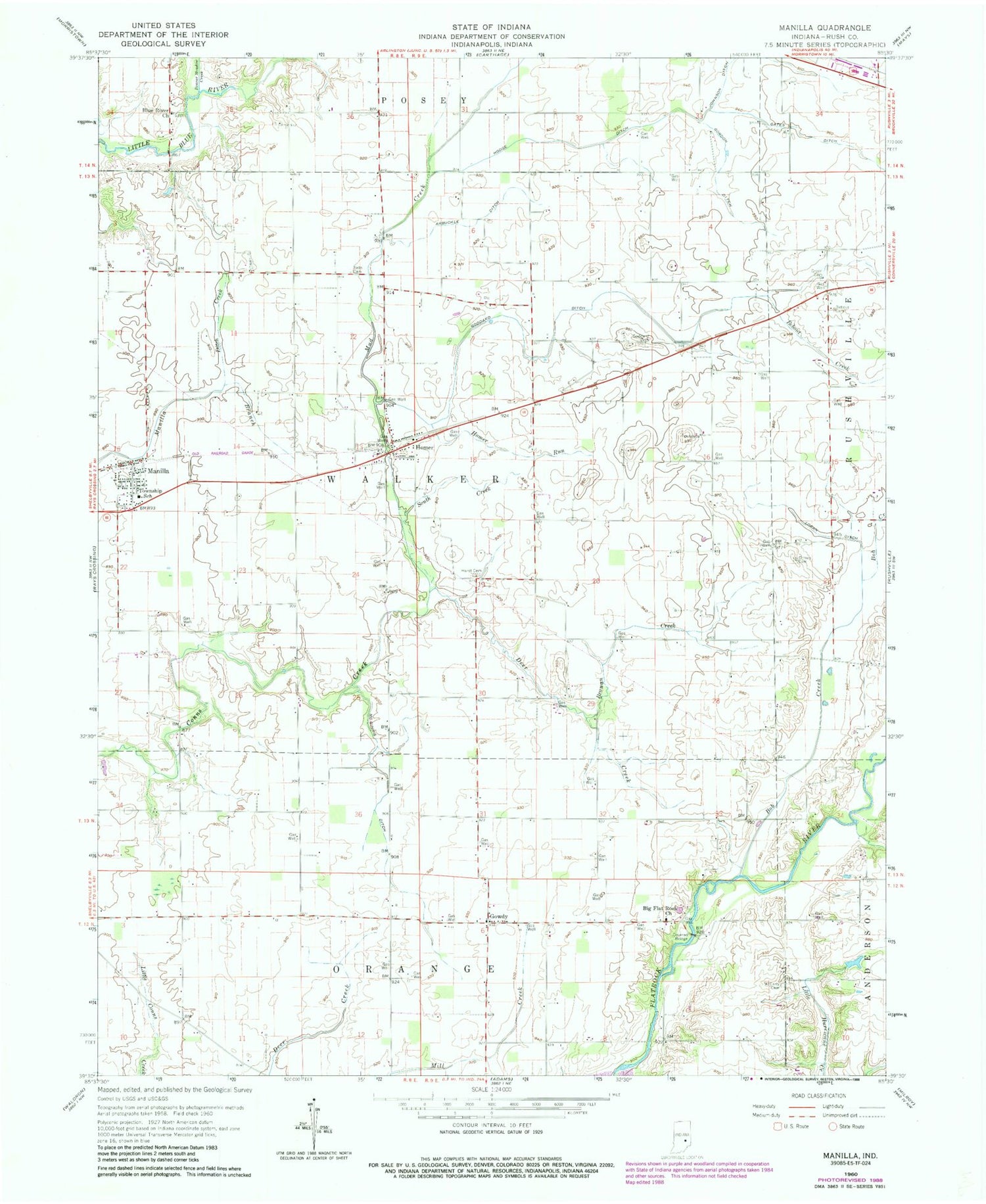 Classic USGS Manilla Indiana 7.5'x7.5' Topo Map Image