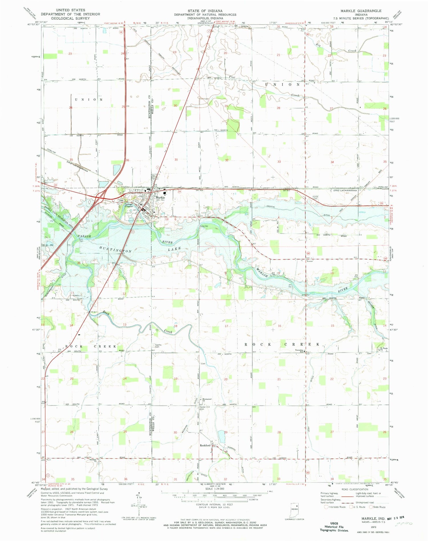 Classic USGS Markle Indiana 7.5'x7.5' Topo Map Image