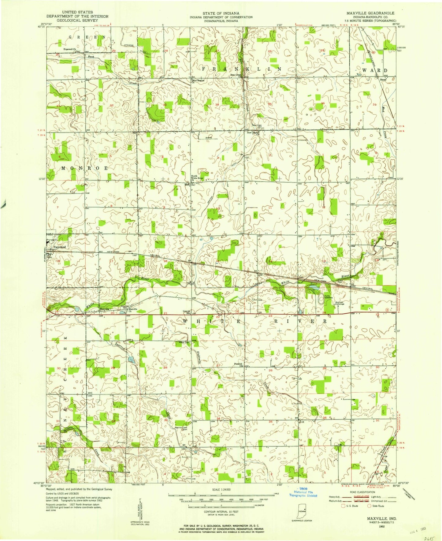 Classic USGS Maxville Indiana 7.5'x7.5' Topo Map Image