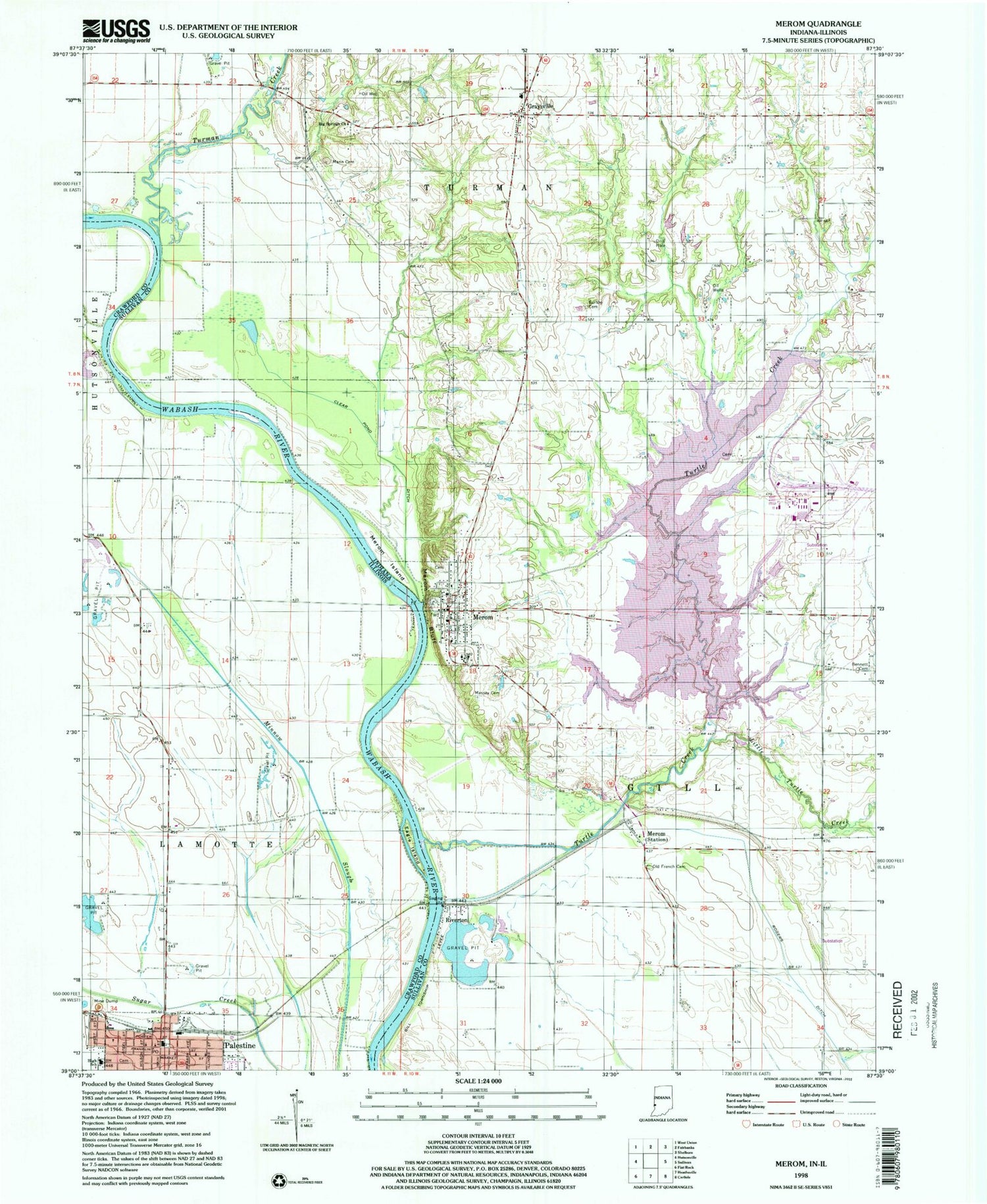 Classic USGS Merom Indiana 7.5'x7.5' Topo Map Image