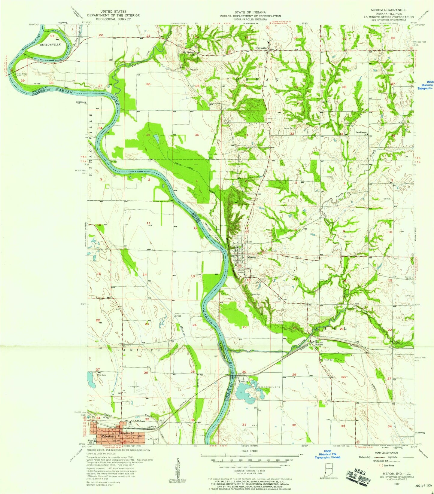 Classic USGS Merom Indiana 7.5'x7.5' Topo Map Image