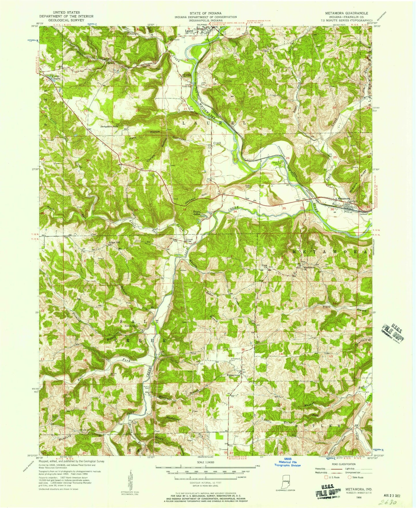 Classic USGS Metamora Indiana 7.5'x7.5' Topo Map Image
