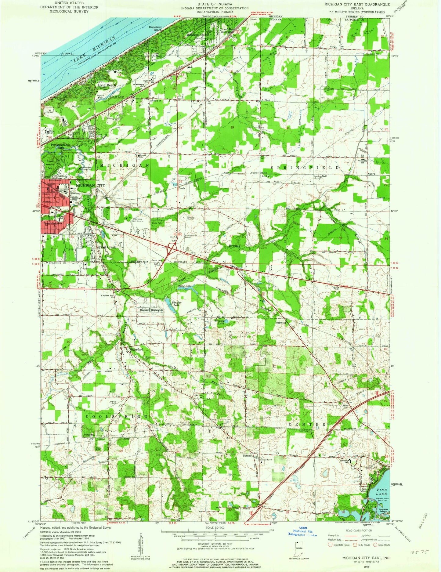 Classic USGS Michigan City East Indiana 7.5'x7.5' Topo Map Image