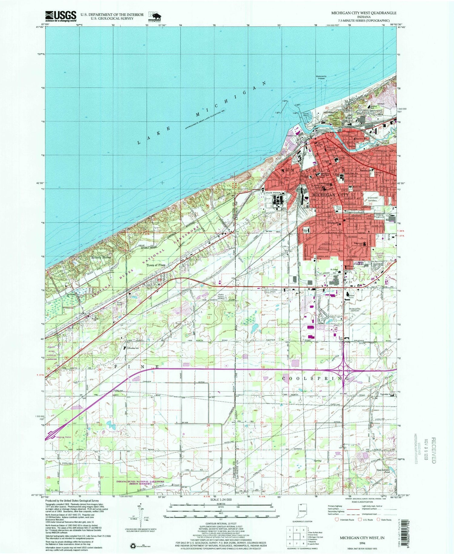 Classic USGS Michigan City West Indiana 7.5'x7.5' Topo Map Image