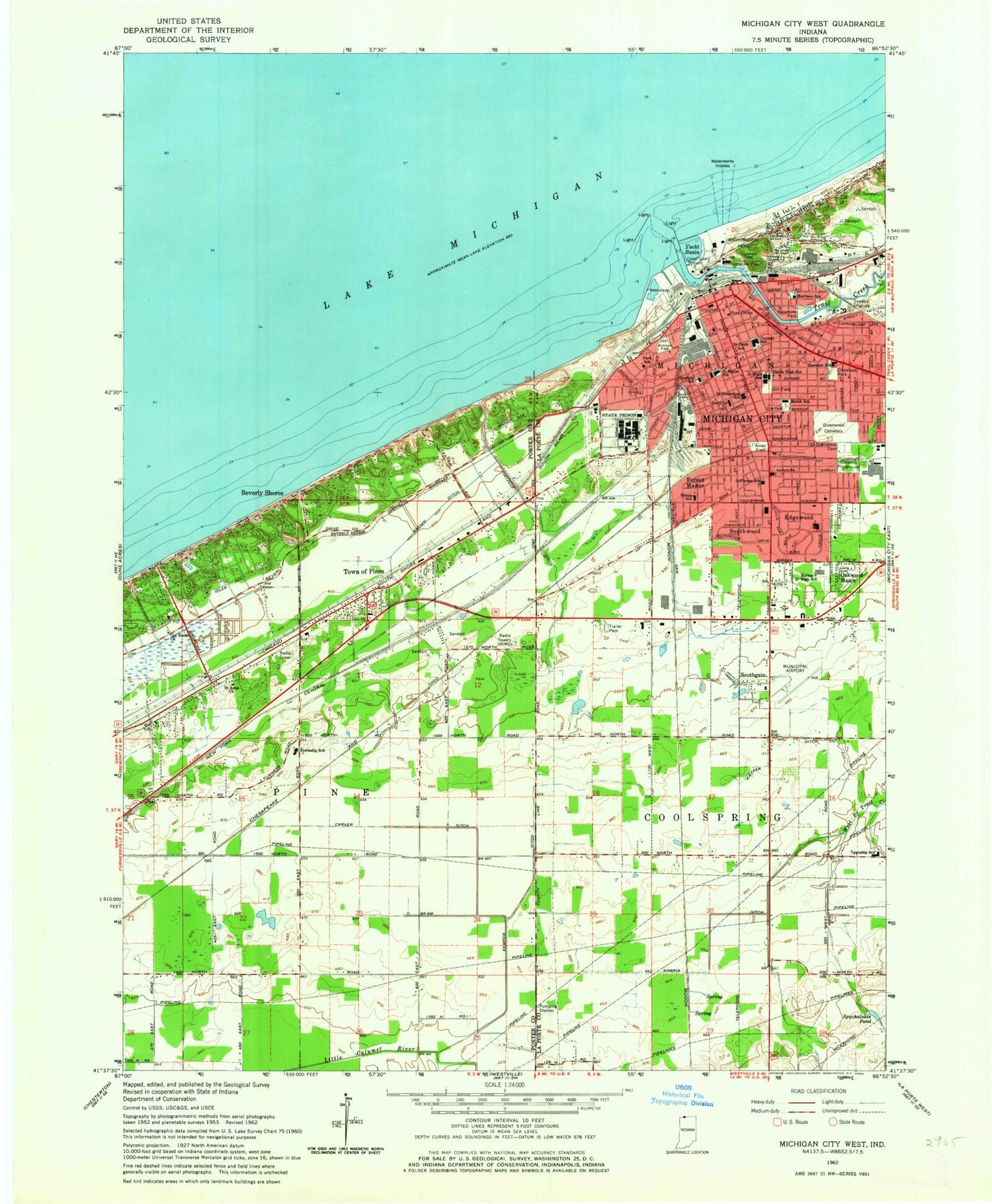 Classic USGS Michigan City West Indiana 7.5'x7.5' Topo Map Image