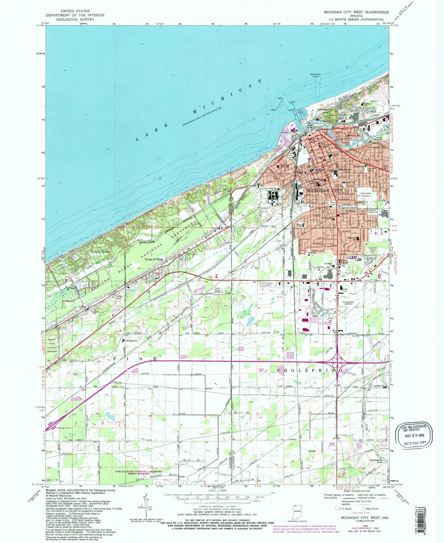 Classic USGS Michigan City West Indiana 7.5'x7.5' Topo Map Image