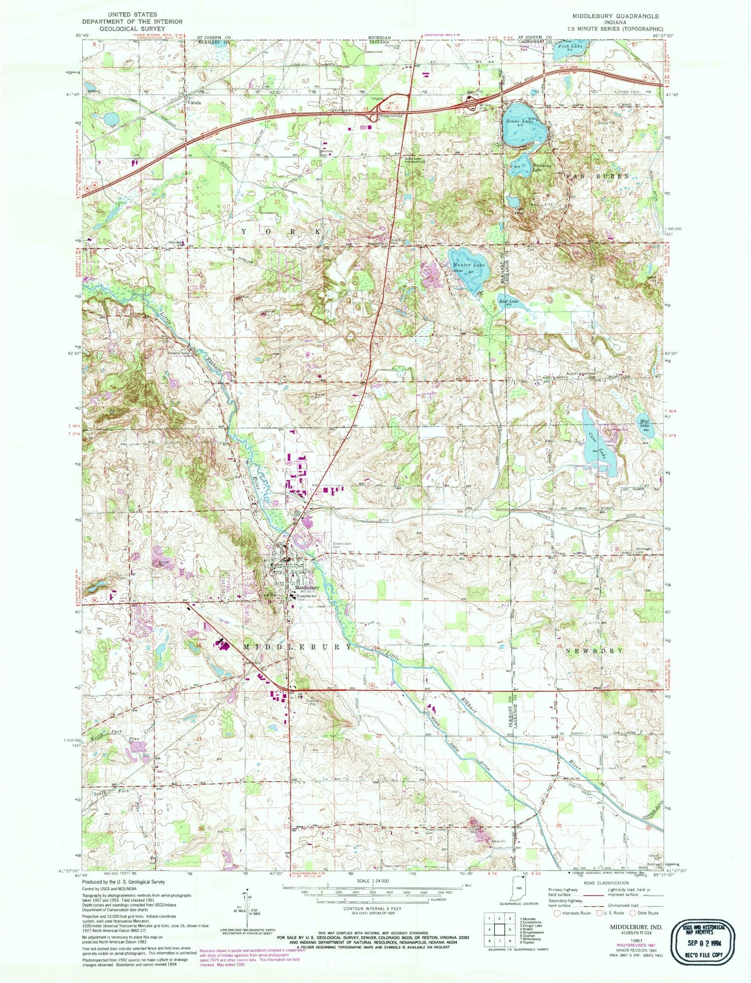 Classic USGS Middlebury Indiana 7.5'x7.5' Topo Map Image