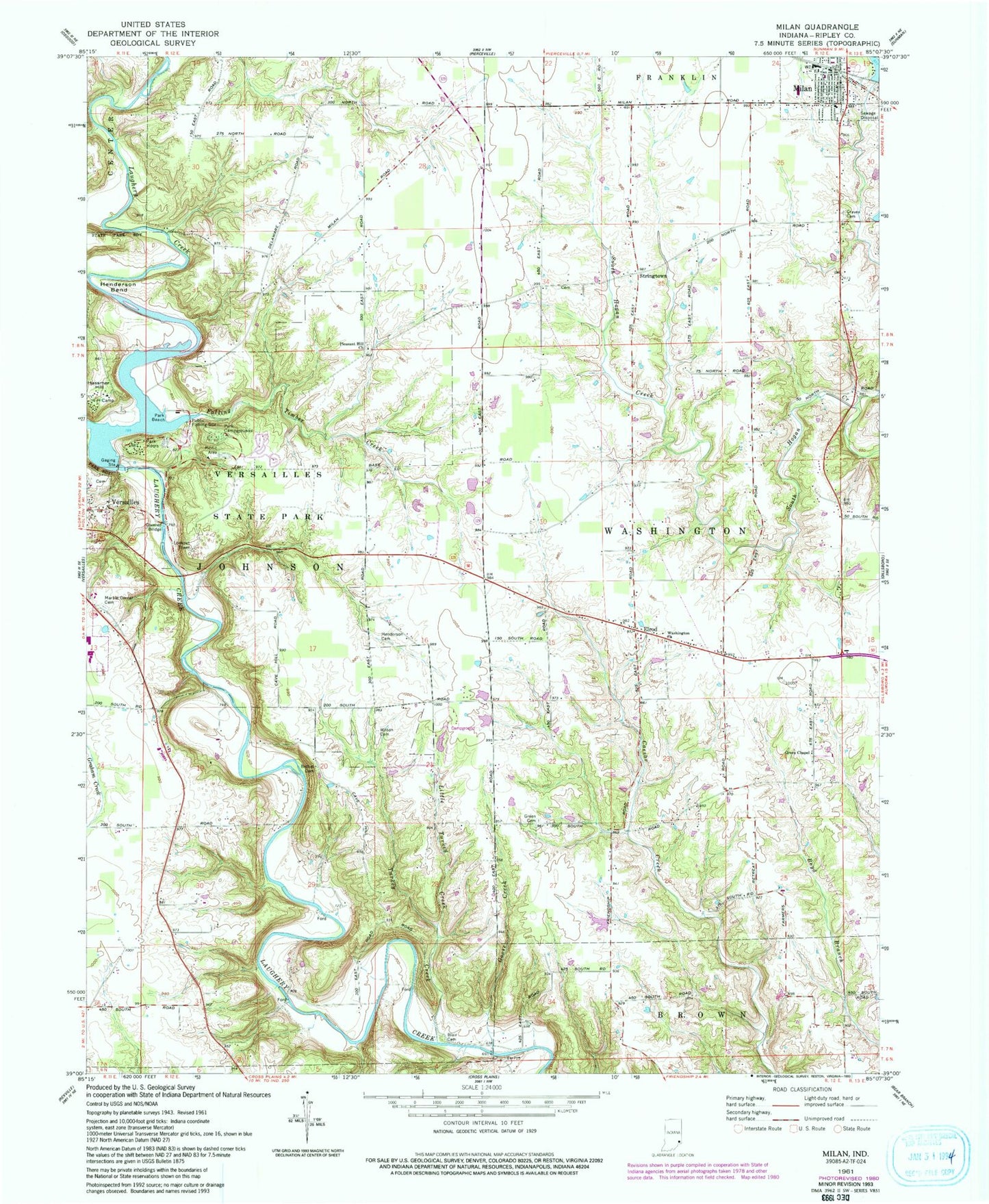 Classic USGS Milan Indiana 7.5'x7.5' Topo Map Image