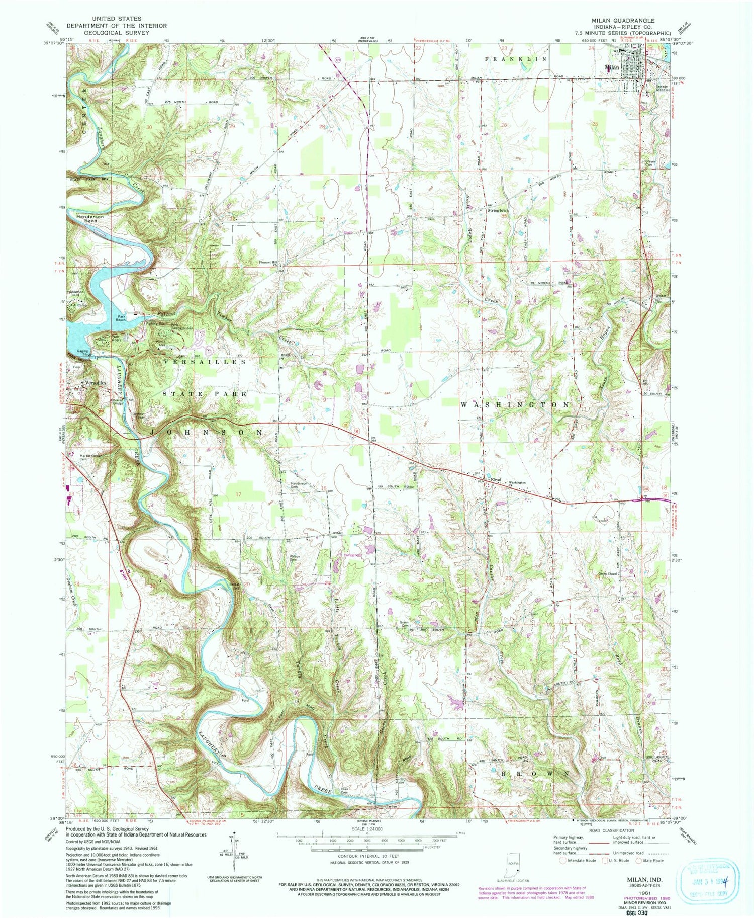 Classic USGS Milan Indiana 7.5'x7.5' Topo Map Image