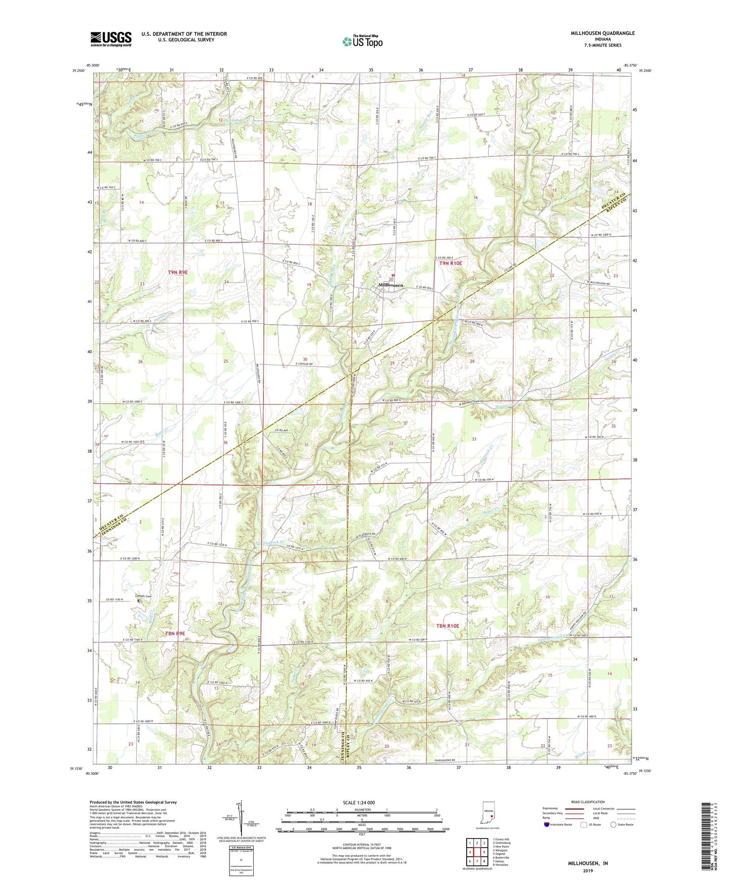 Millhousen Indiana US Topo Map Image