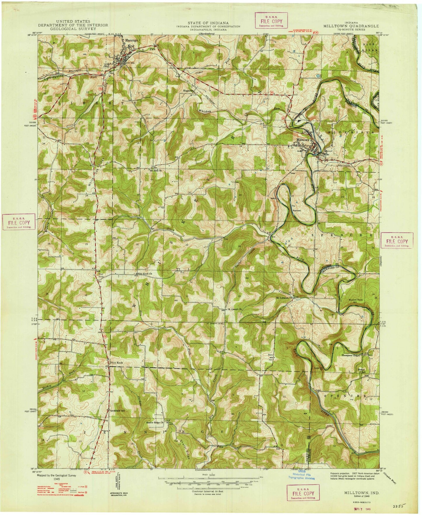 Classic USGS Milltown Indiana 7.5'x7.5' Topo Map Image