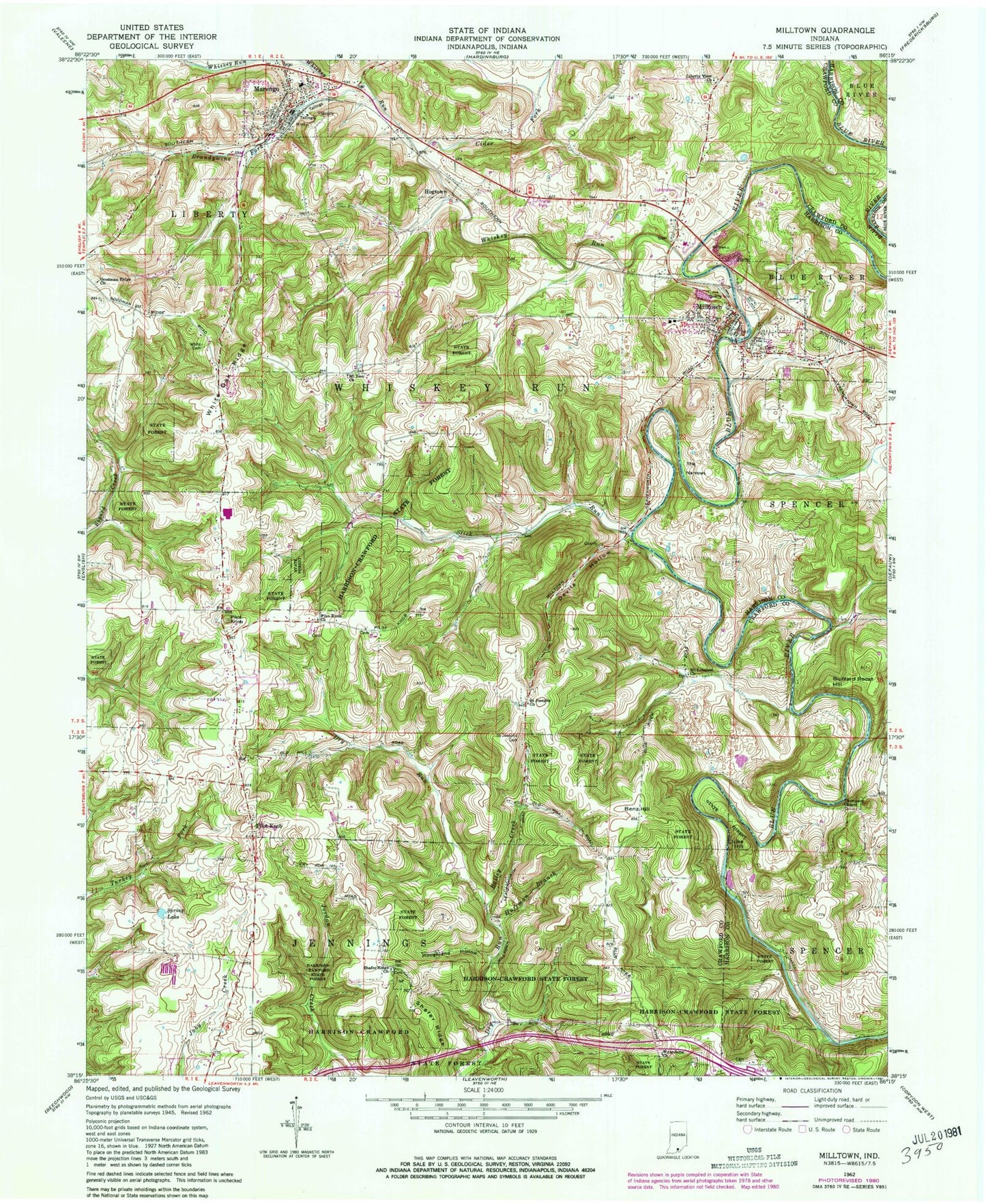 Classic USGS Milltown Indiana 7.5'x7.5' Topo Map Image
