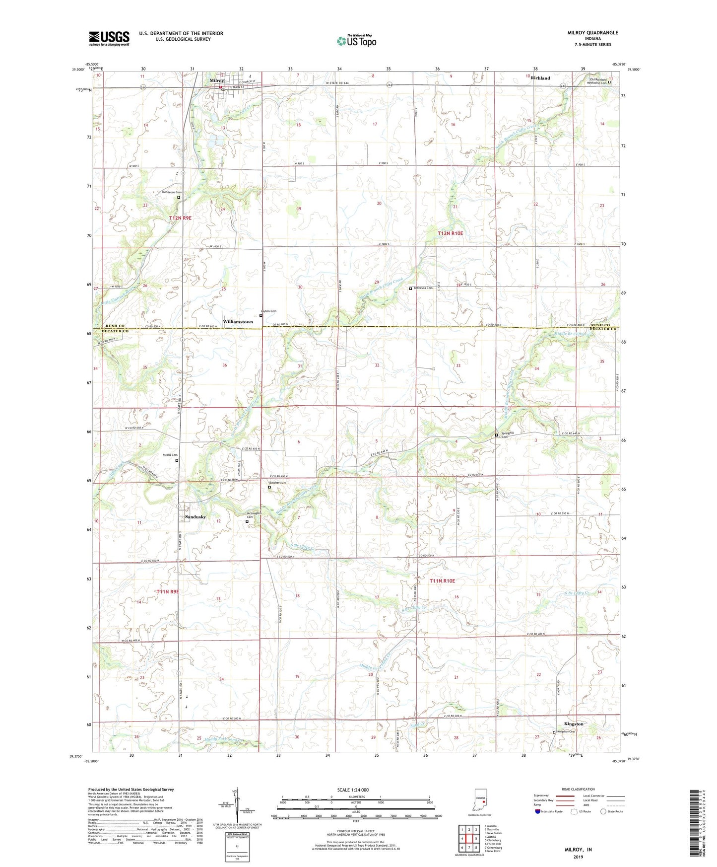 Milroy Indiana US Topo Map Image