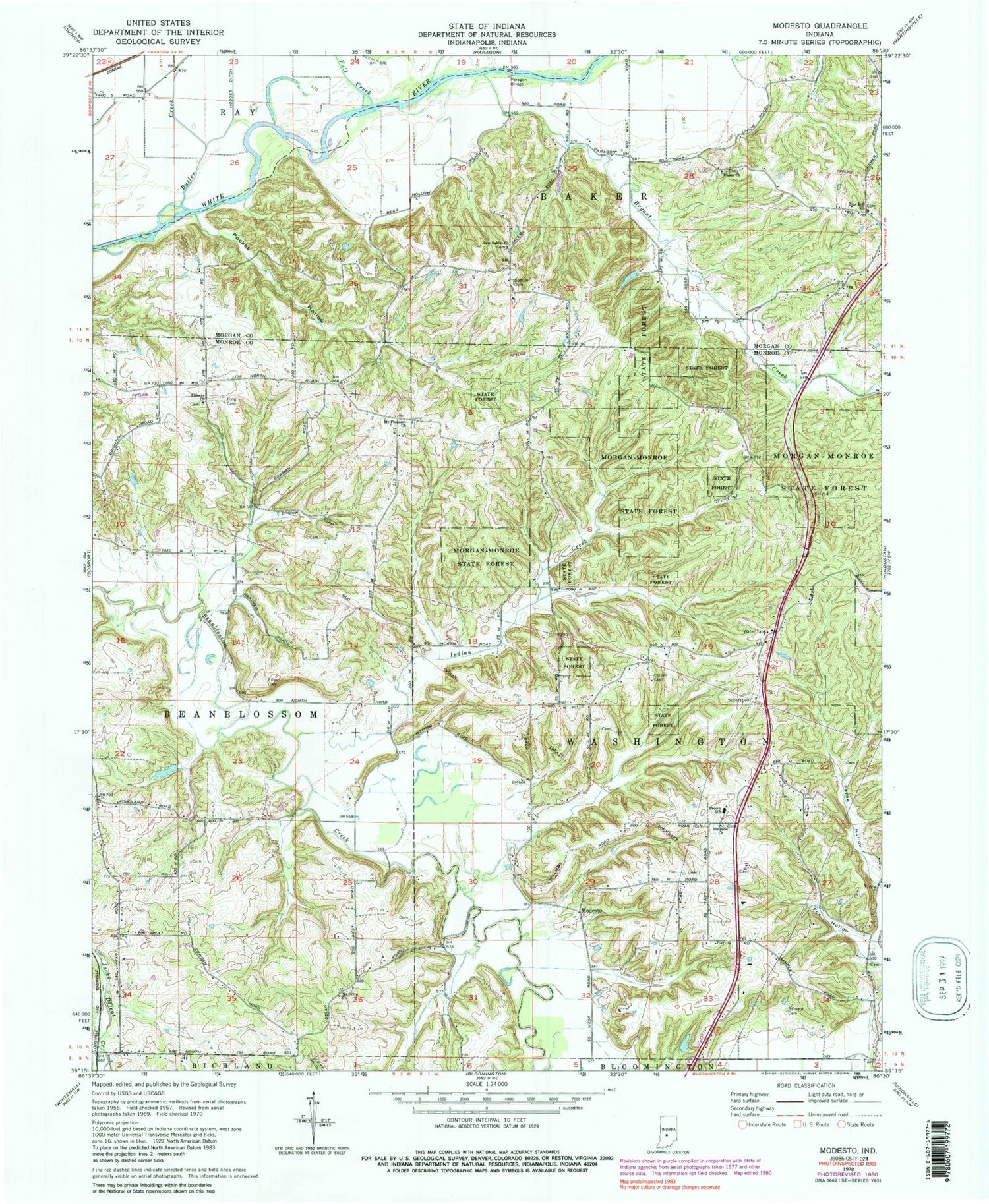 Classic USGS Modesto Indiana 7.5'x7.5' Topo Map Image