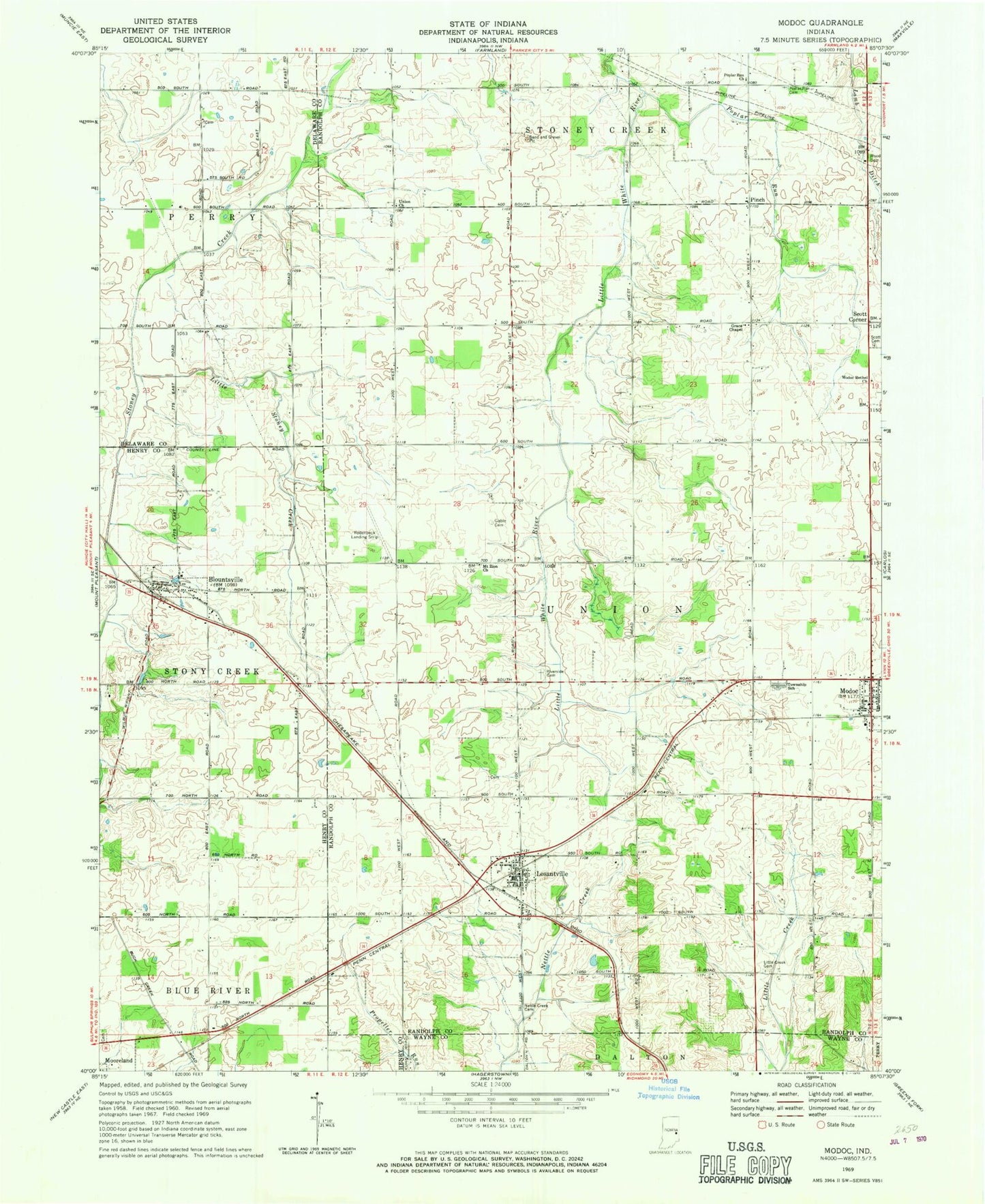 Classic USGS Modoc Indiana 7.5'x7.5' Topo Map Image