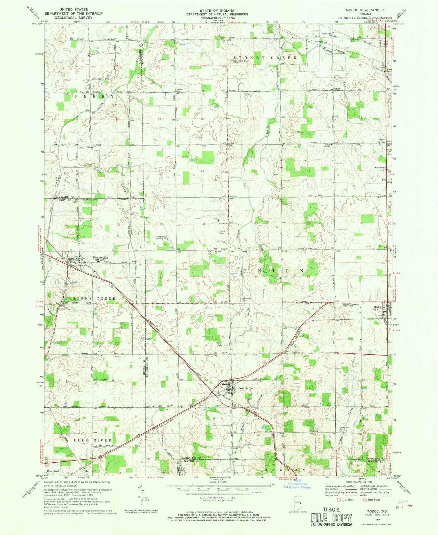 Classic USGS Modoc Indiana 7.5'x7.5' Topo Map Image