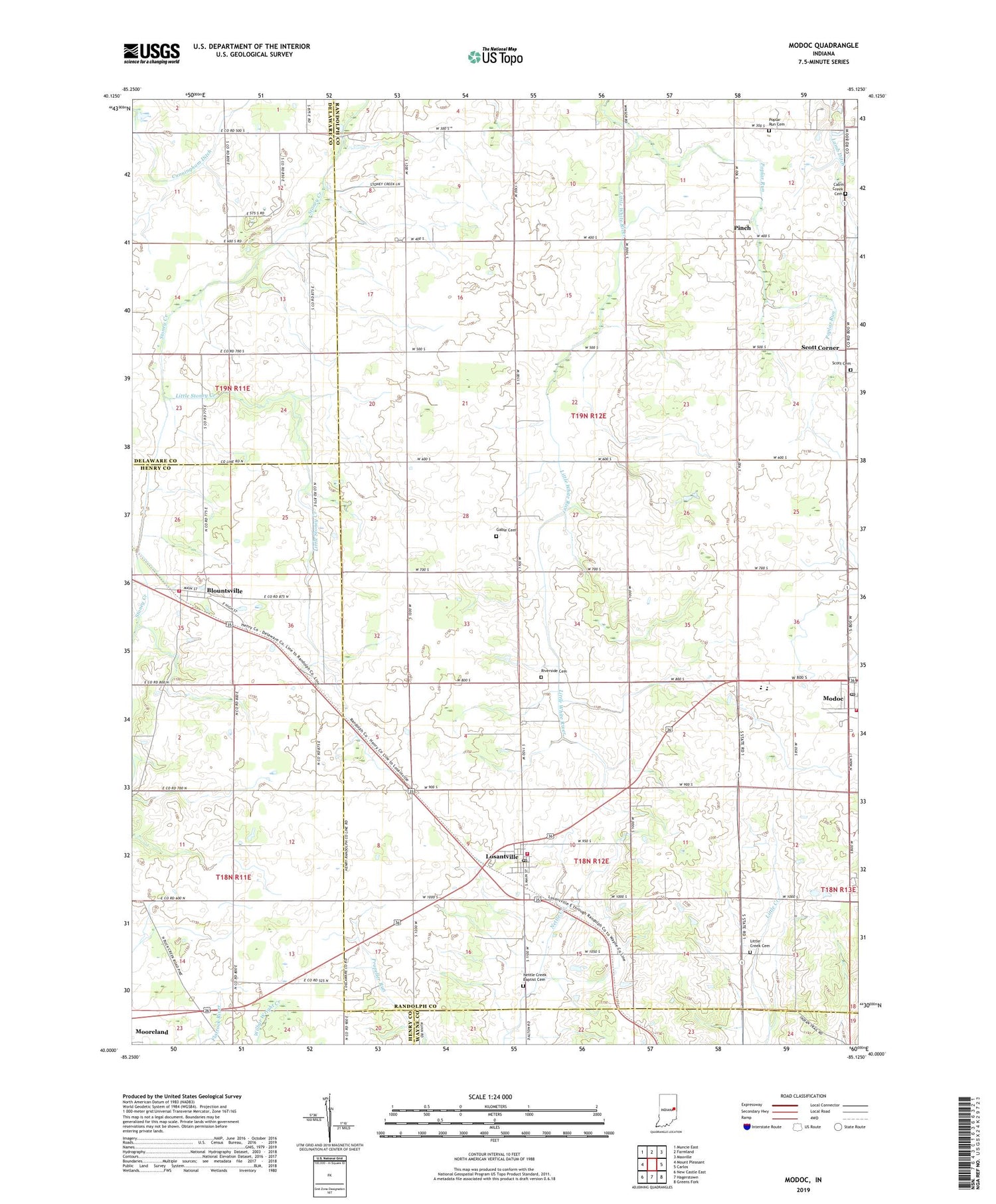 Modoc Indiana US Topo Map Image