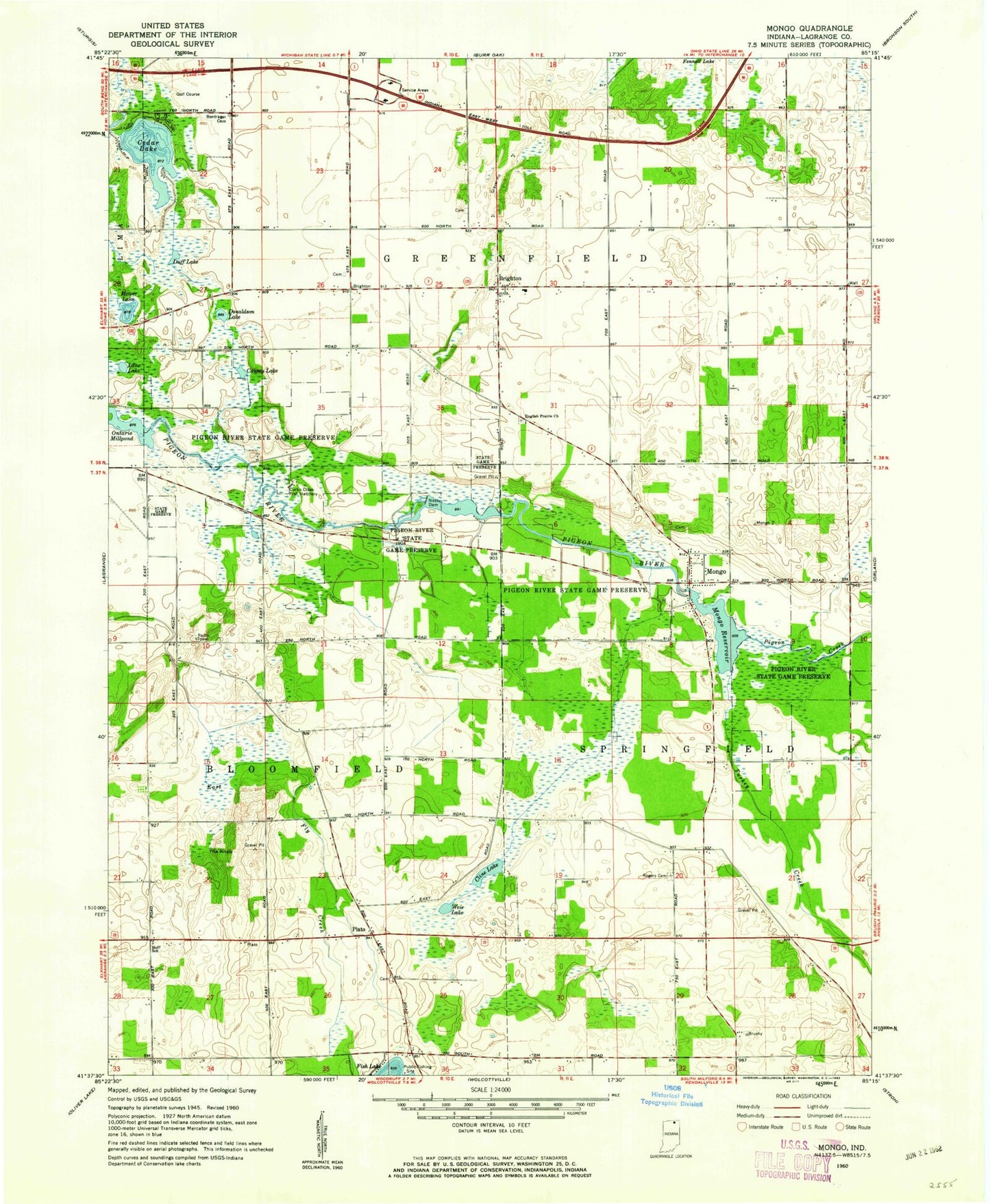 Classic USGS Mongo Indiana 7.5'x7.5' Topo Map Image