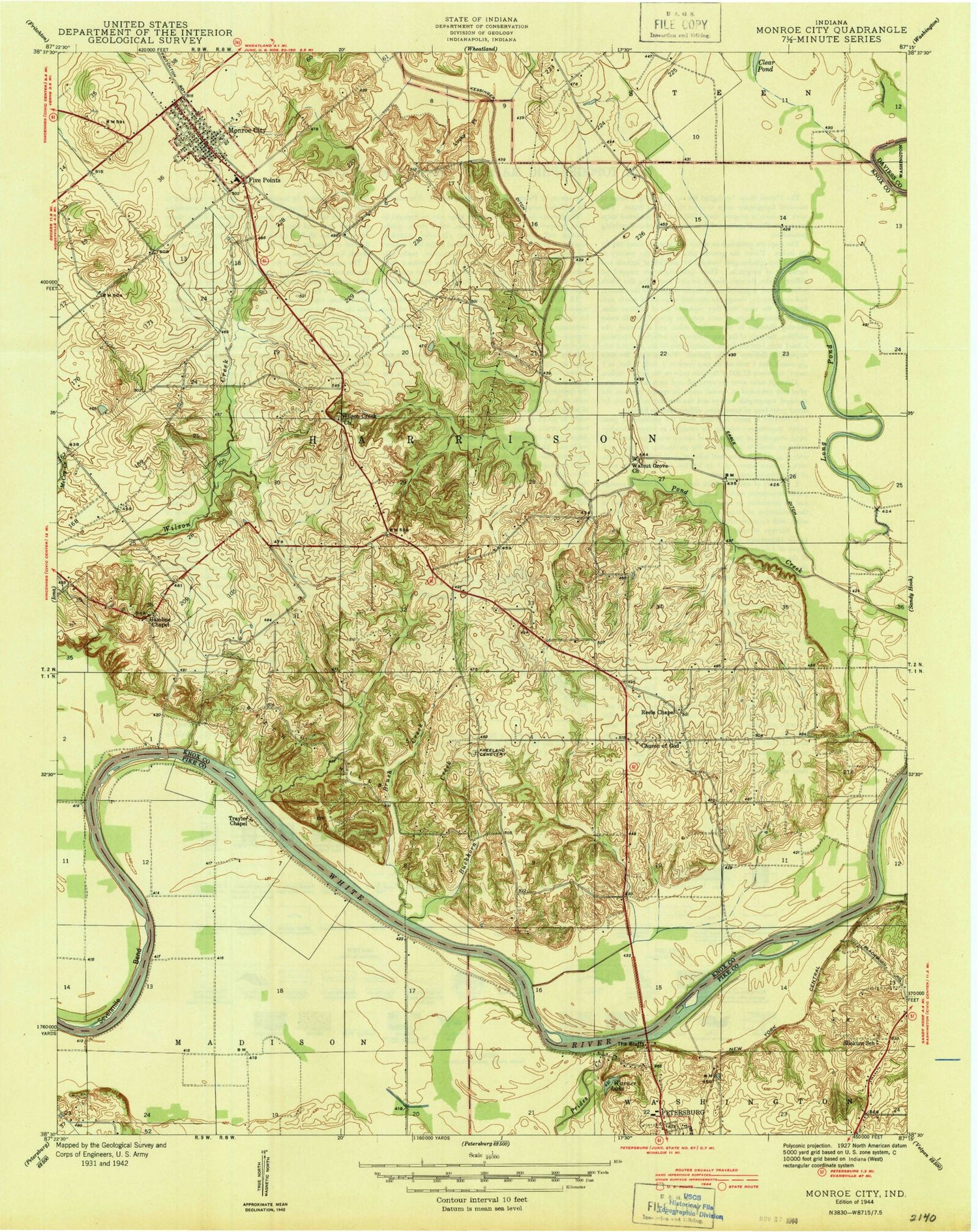 Classic USGS Monroe City Indiana 7.5'x7.5' Topo Map Image