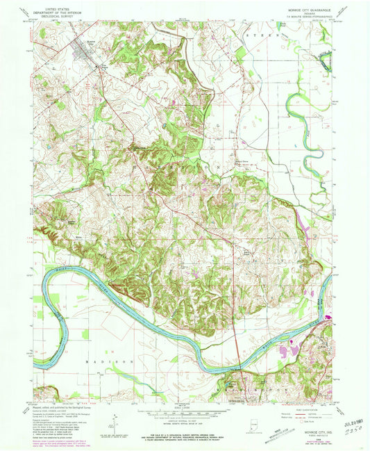 Classic USGS Monroe City Indiana 7.5'x7.5' Topo Map Image