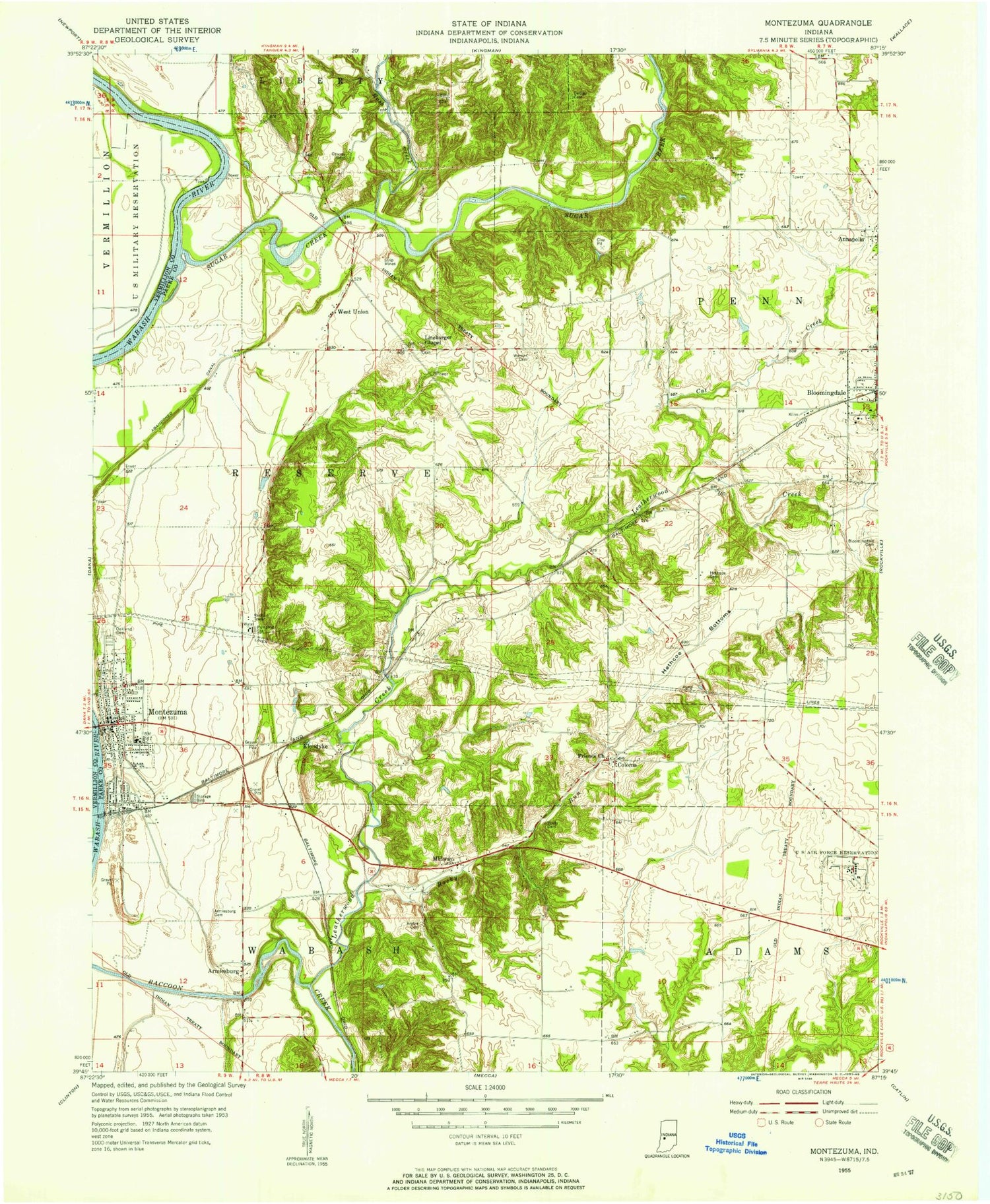 Classic USGS Montezuma Indiana 7.5'x7.5' Topo Map Image