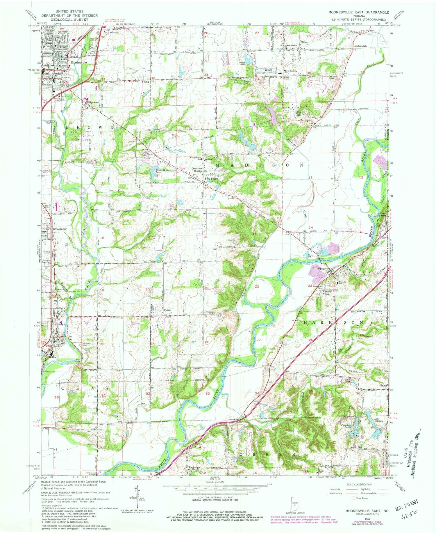Classic USGS Mooresville East Indiana 7.5'x7.5' Topo Map Image