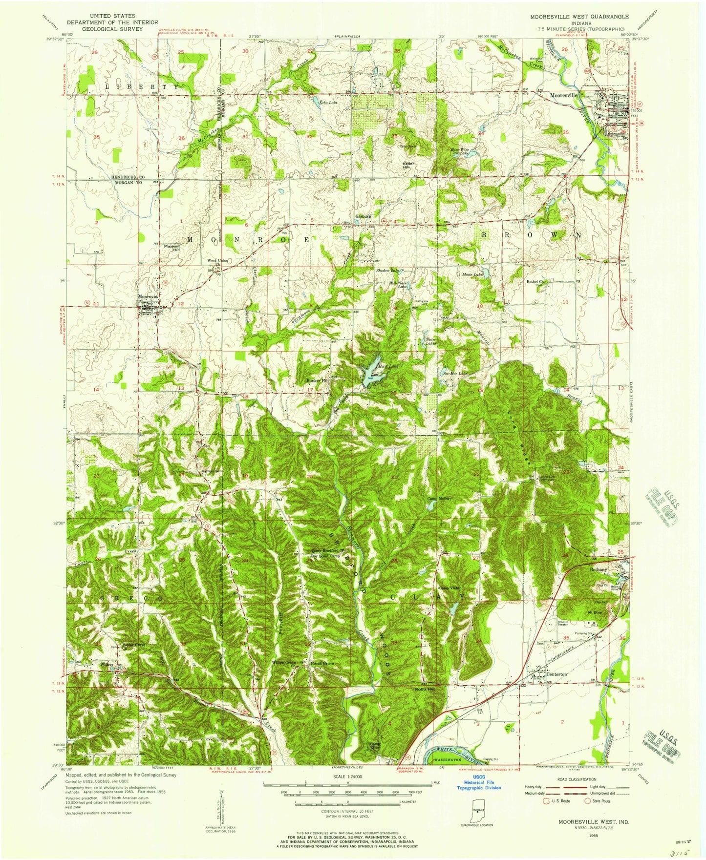 Classic USGS Mooresville West Indiana 7.5'x7.5' Topo Map Image