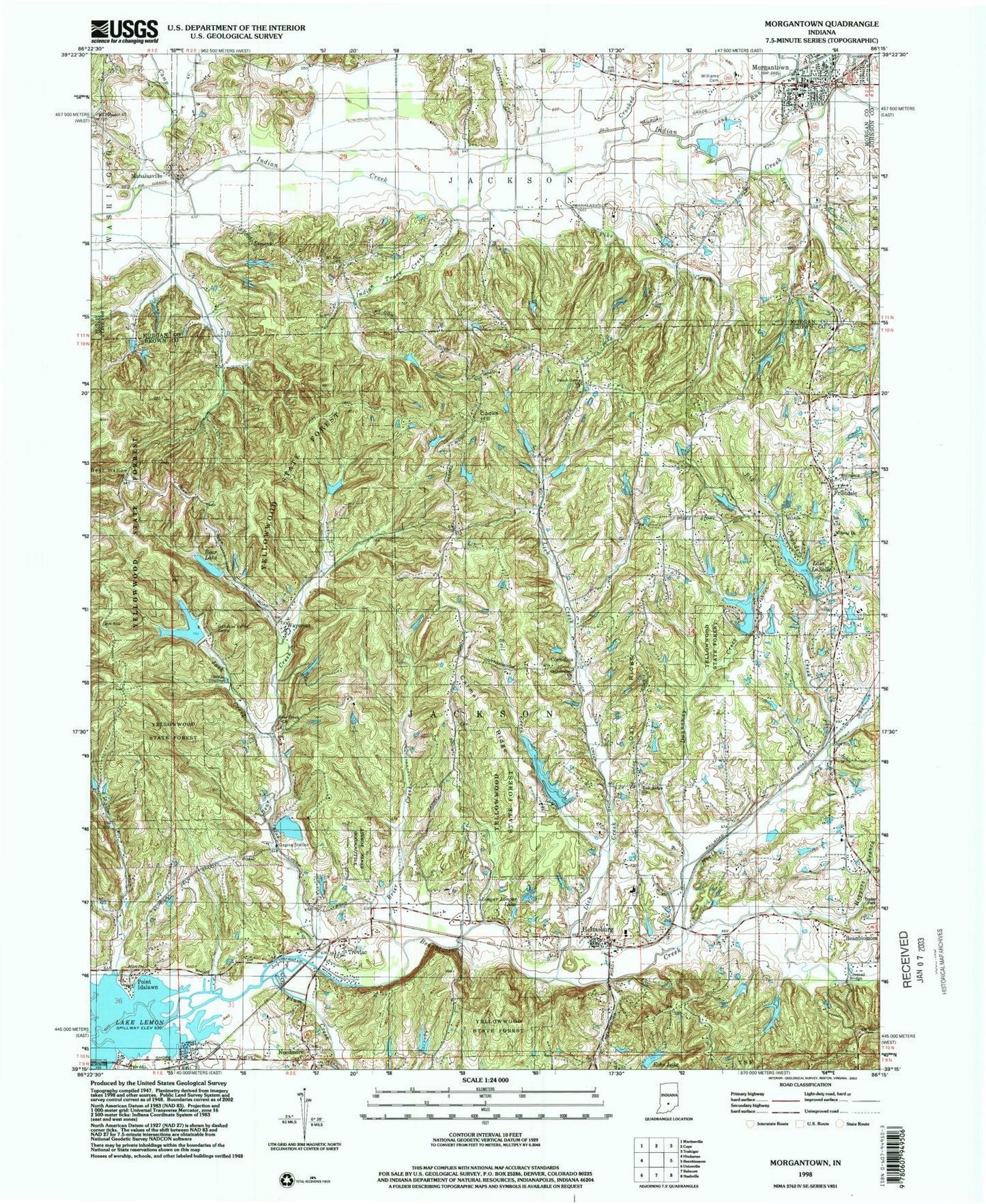 Classic USGS Morgantown Indiana 7.5'x7.5' Topo Map Image