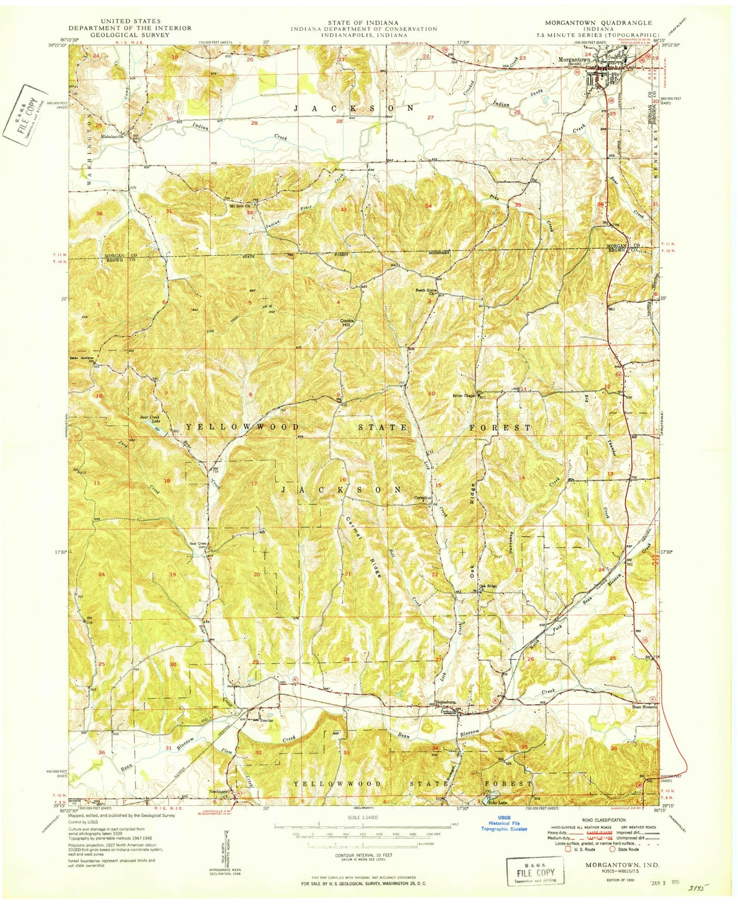 Classic USGS Morgantown Indiana 7.5'x7.5' Topo Map Image