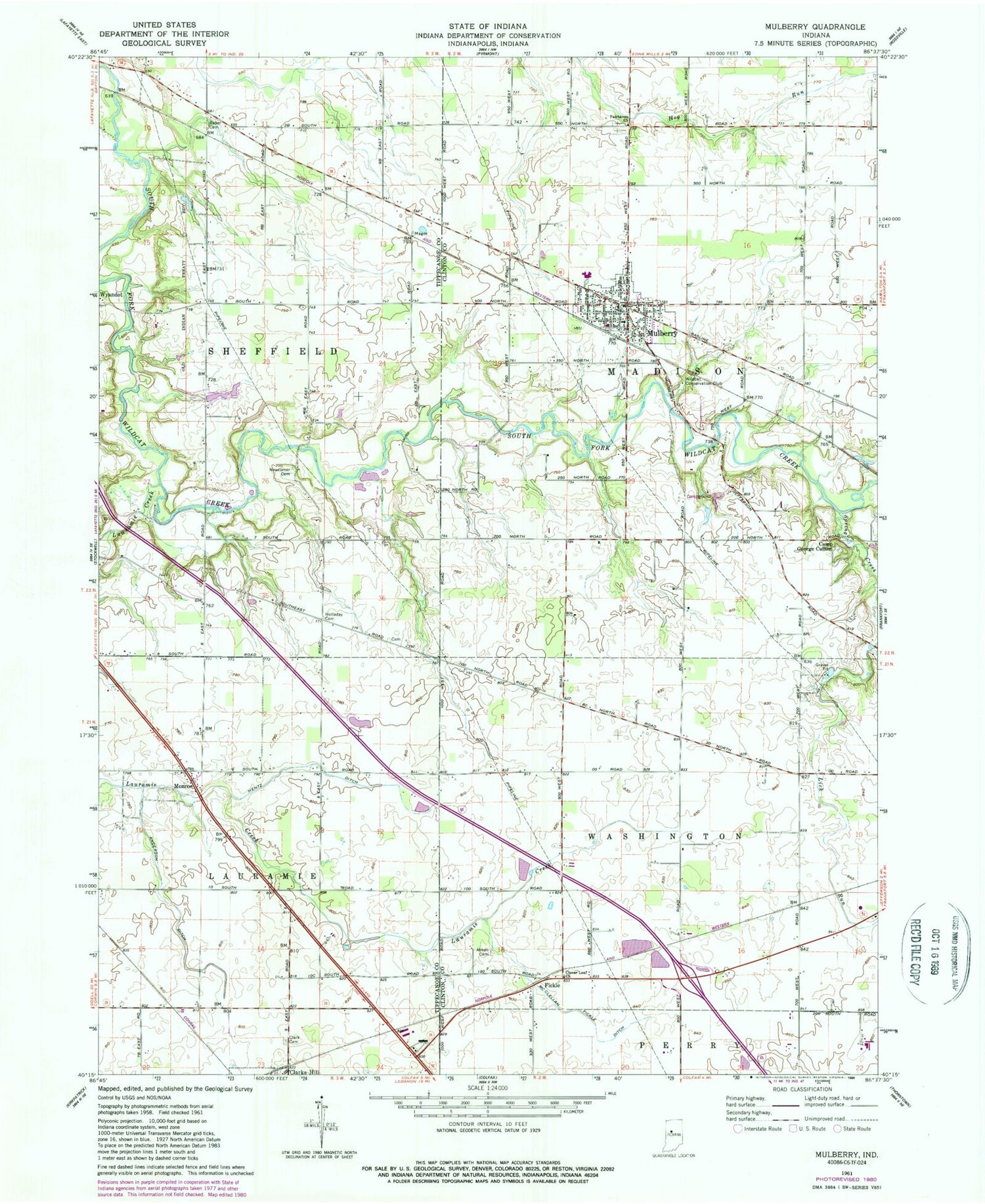 Classic USGS Mulberry Indiana 7.5'x7.5' Topo Map Image
