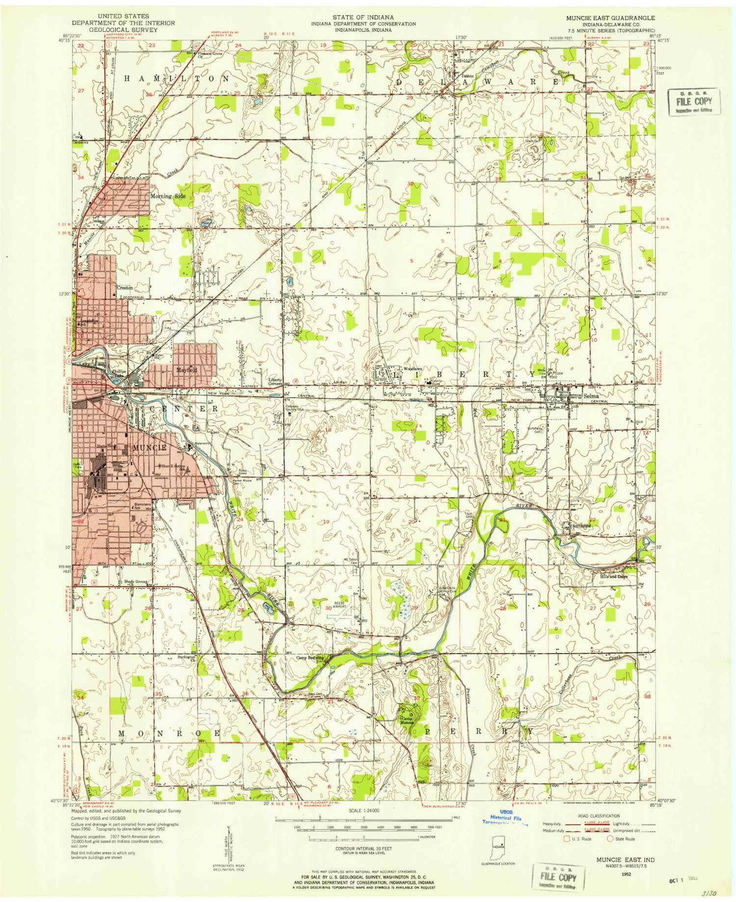 Classic USGS Muncie East Indiana 7.5'x7.5' Topo Map Image