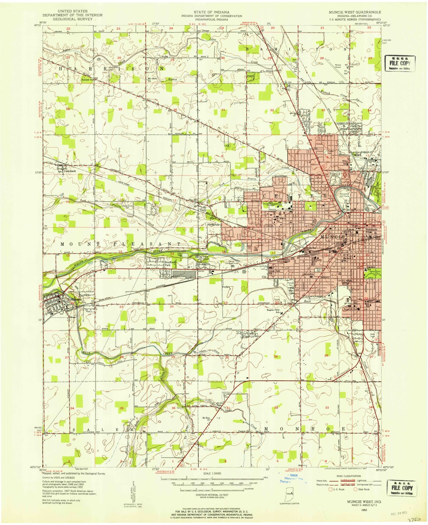 Classic USGS Muncie West Indiana 7.5'x7.5' Topo Map Image