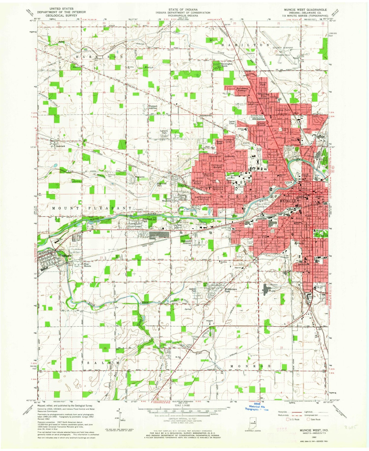Classic USGS Muncie West Indiana 7.5'x7.5' Topo Map Image