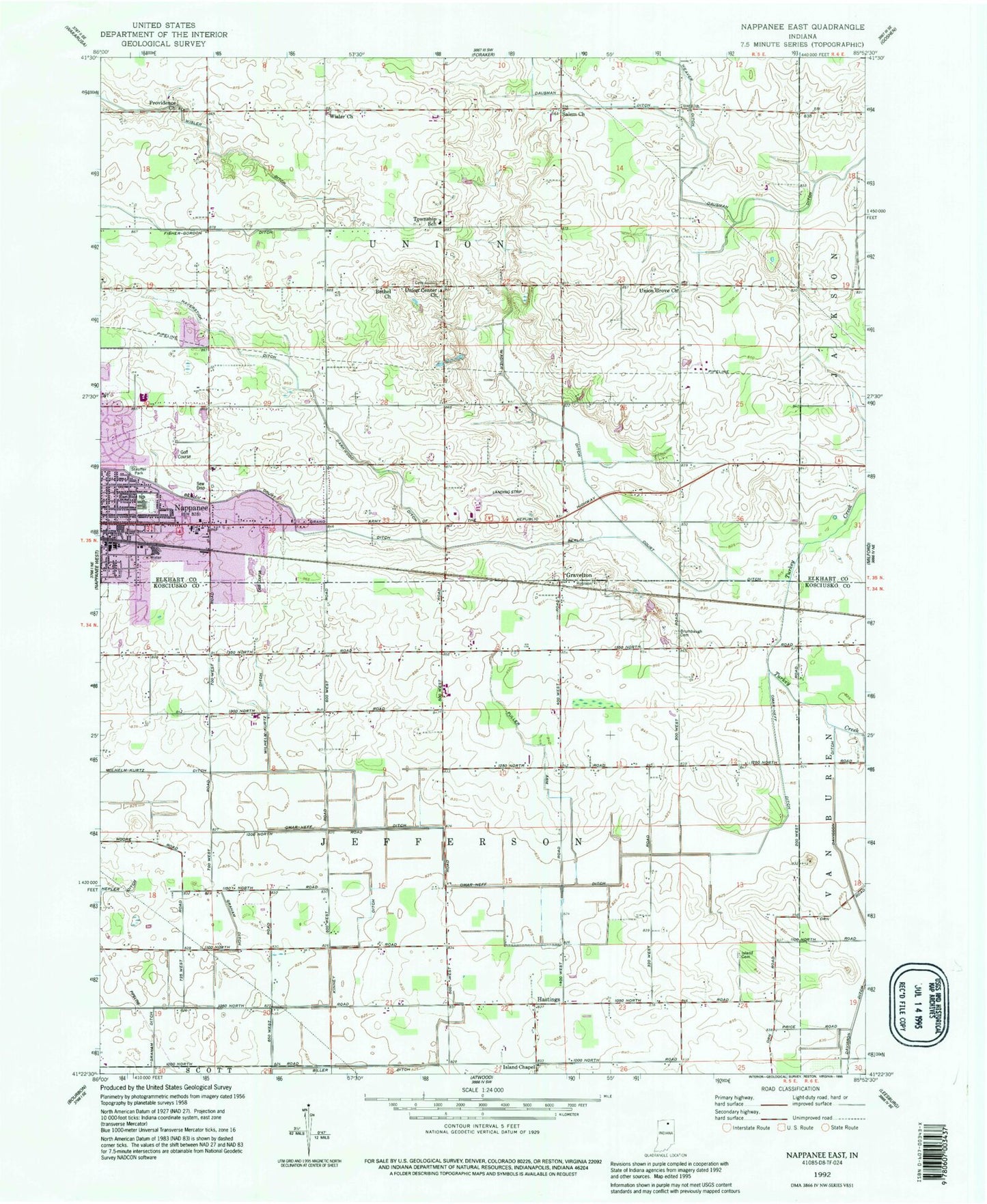 Classic USGS Nappanee East Indiana 7.5'x7.5' Topo Map Image