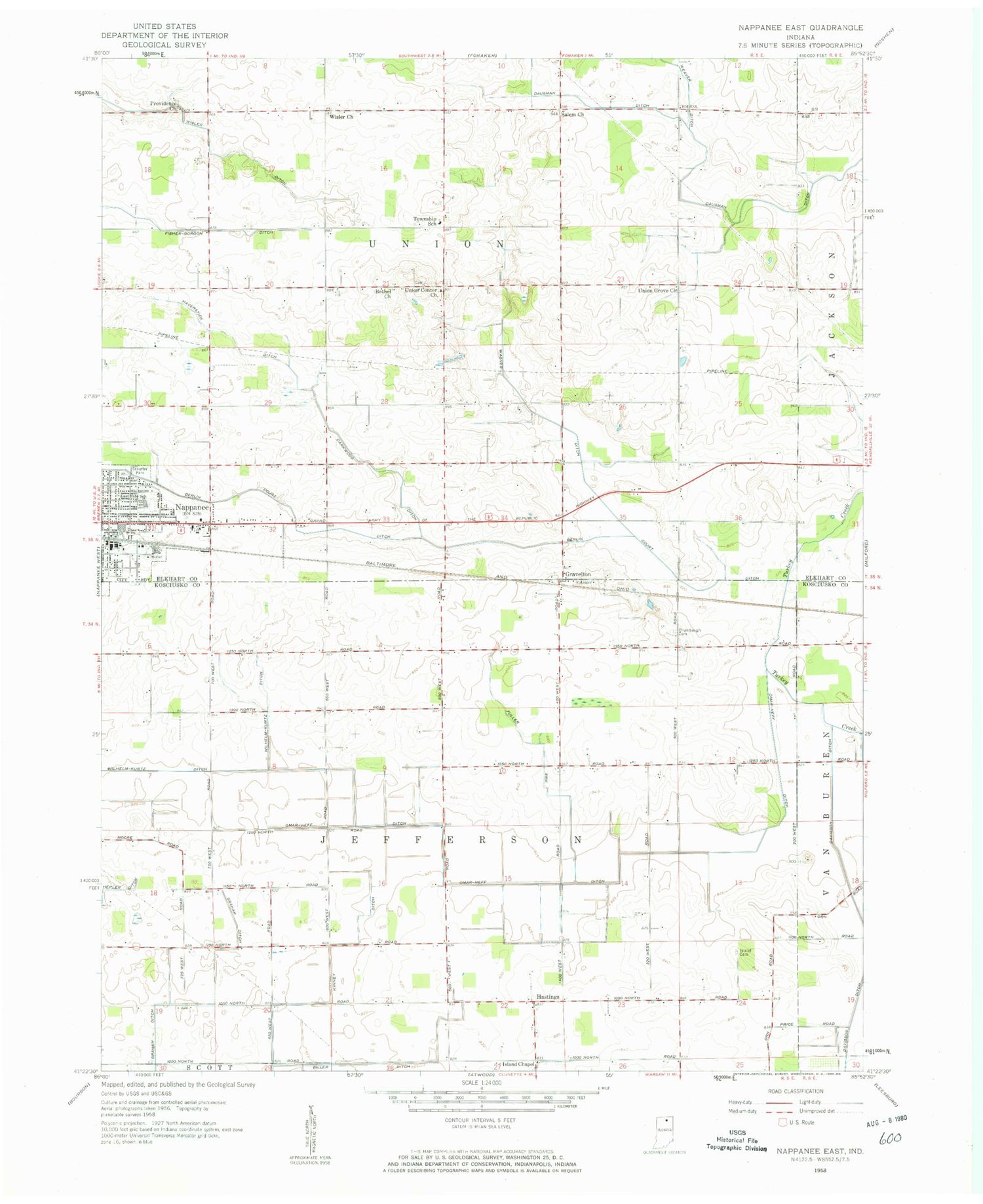 Classic USGS Nappanee East Indiana 7.5'x7.5' Topo Map Image