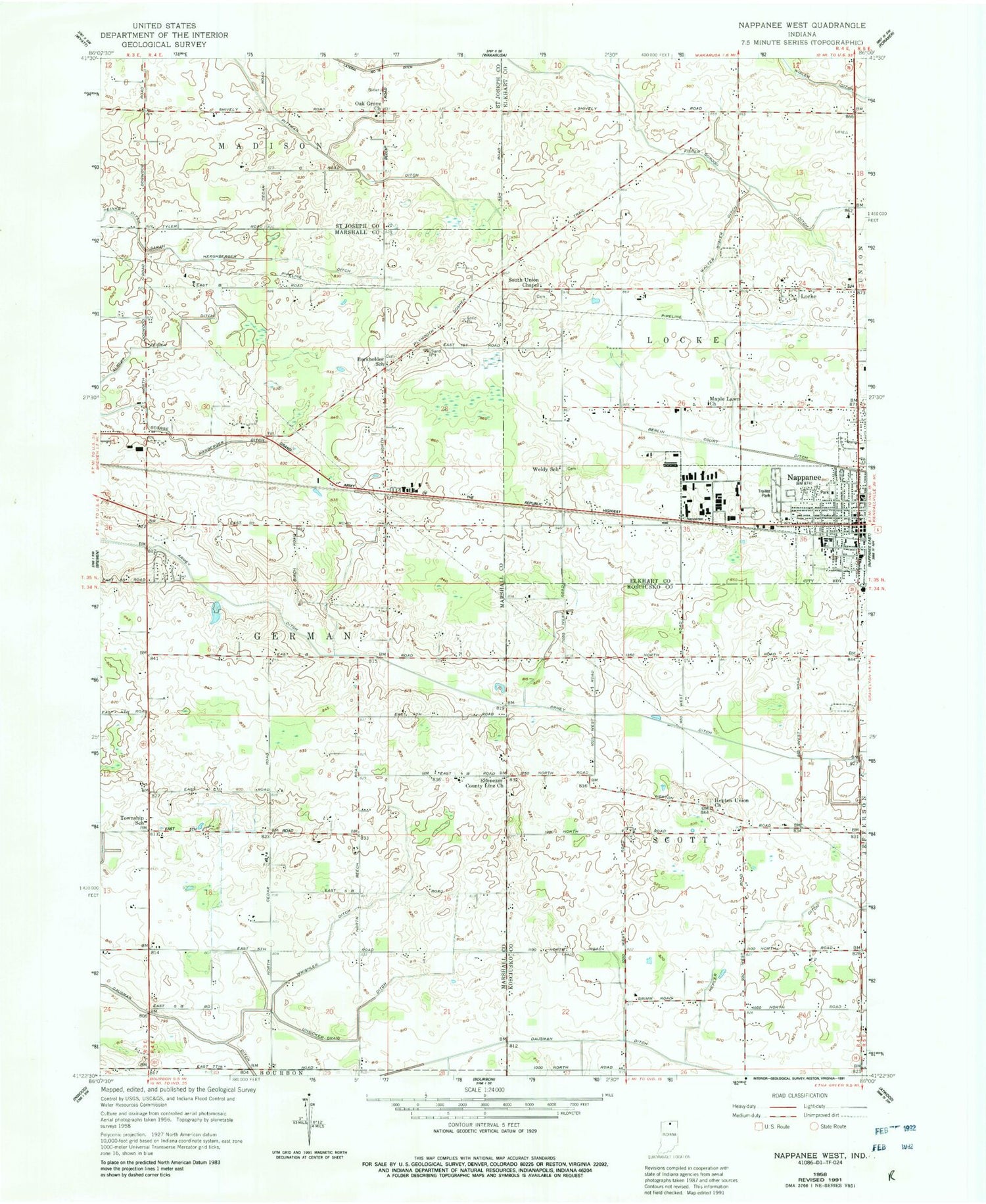 Classic USGS Nappanee West Indiana 7.5'x7.5' Topo Map Image