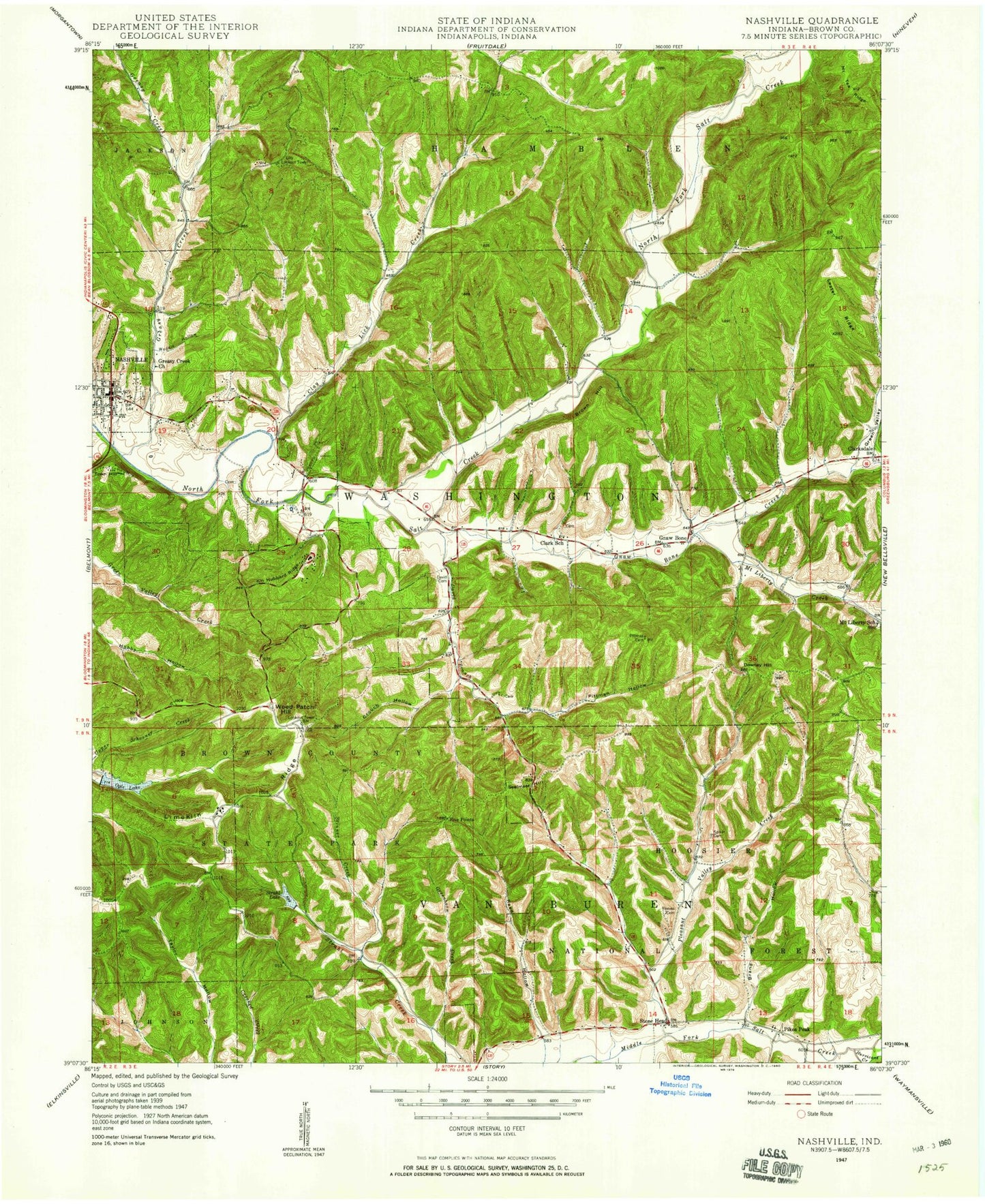 Classic USGS Nashville Indiana 7.5'x7.5' Topo Map Image
