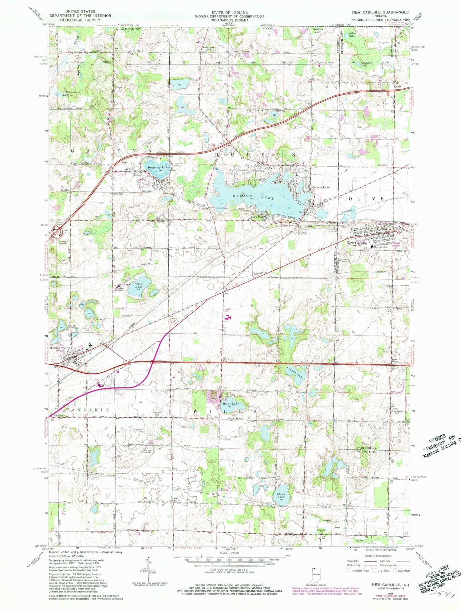 Classic USGS New Carlisle Indiana 7.5'x7.5' Topo Map Image