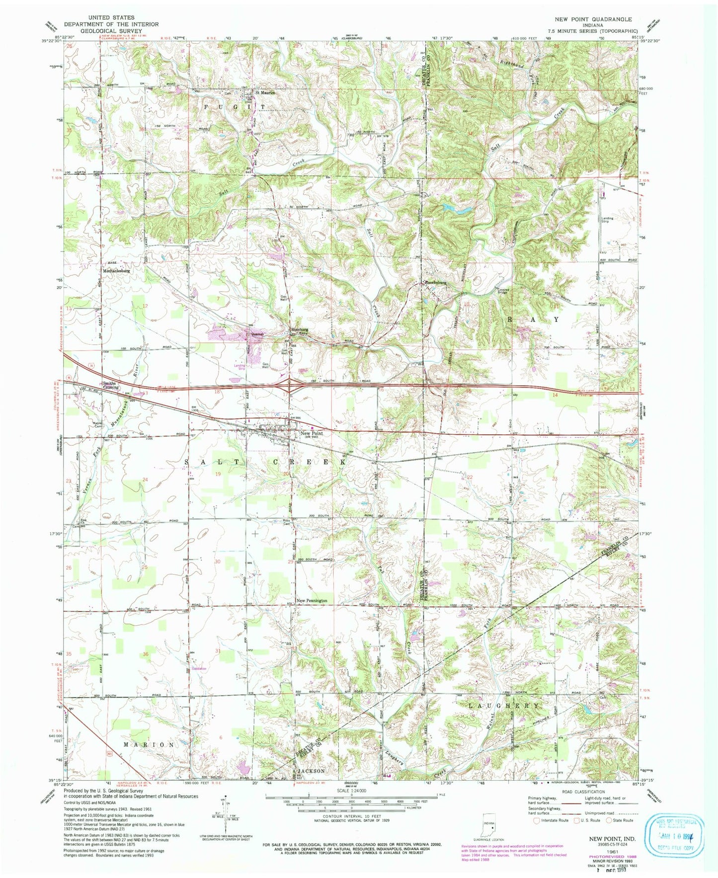 Classic USGS New Point Indiana 7.5'x7.5' Topo Map Image