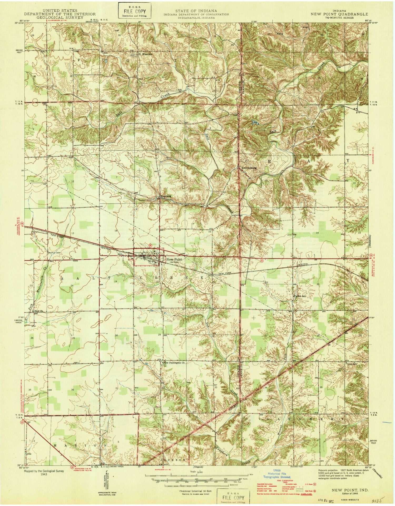Classic USGS New Point Indiana 7.5'x7.5' Topo Map Image