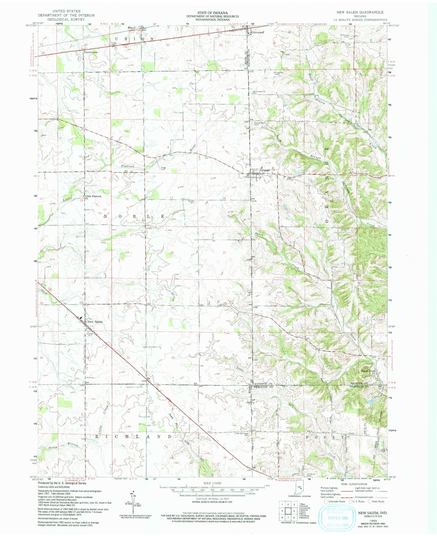 Classic USGS New Salem Indiana 7.5'x7.5' Topo Map Image
