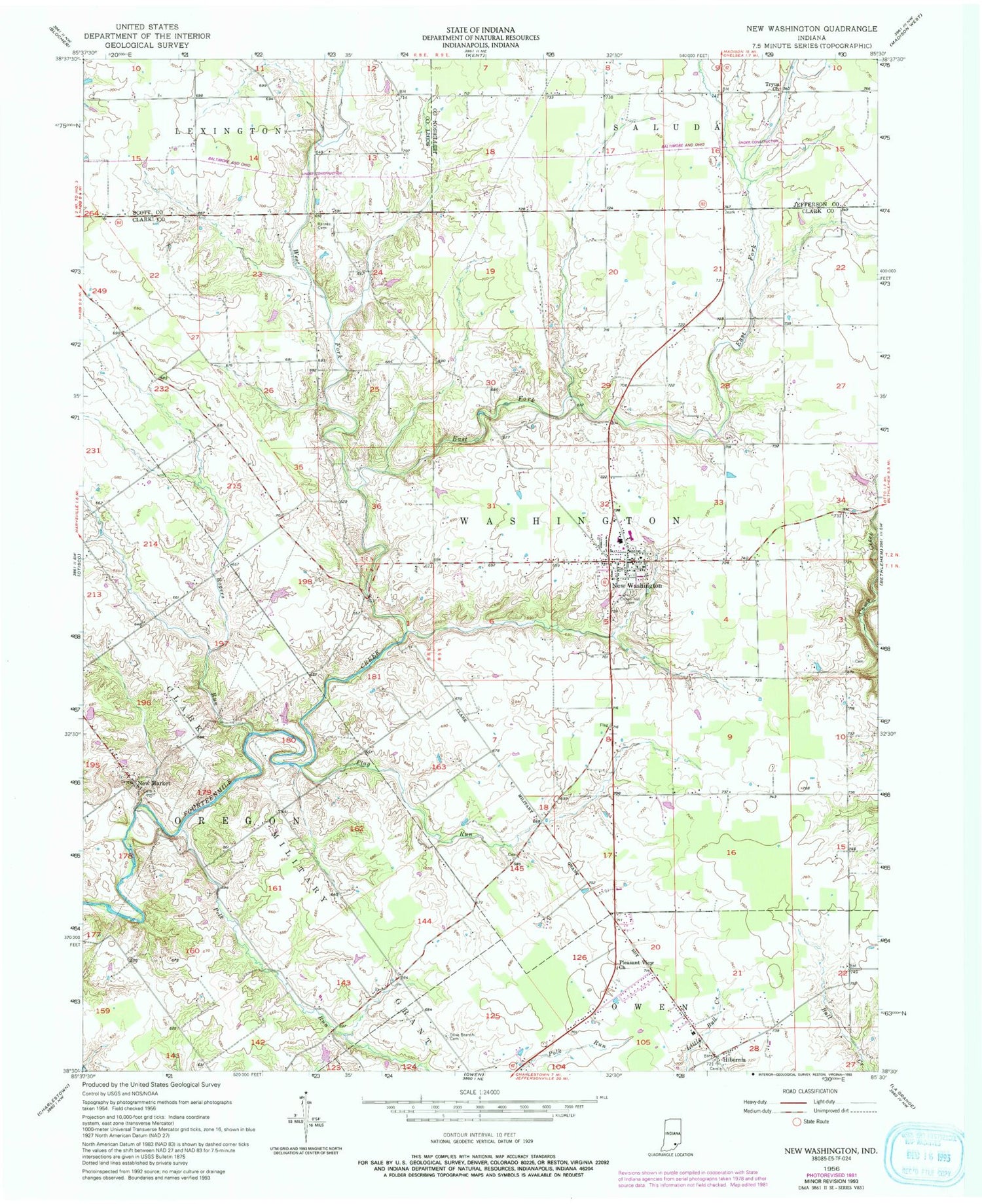 Classic USGS New Washington Indiana 7.5'x7.5' Topo Map Image