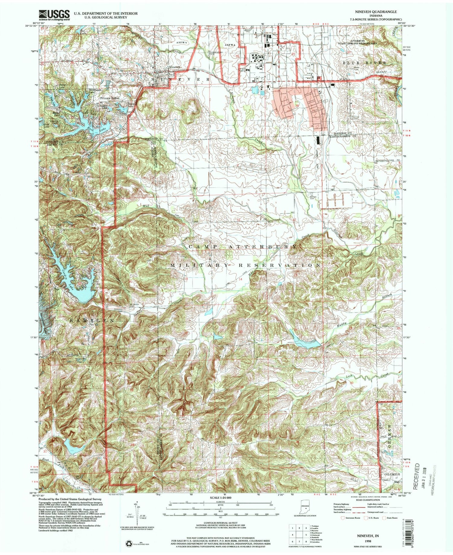 Classic USGS Nineveh Indiana 7.5'x7.5' Topo Map Image