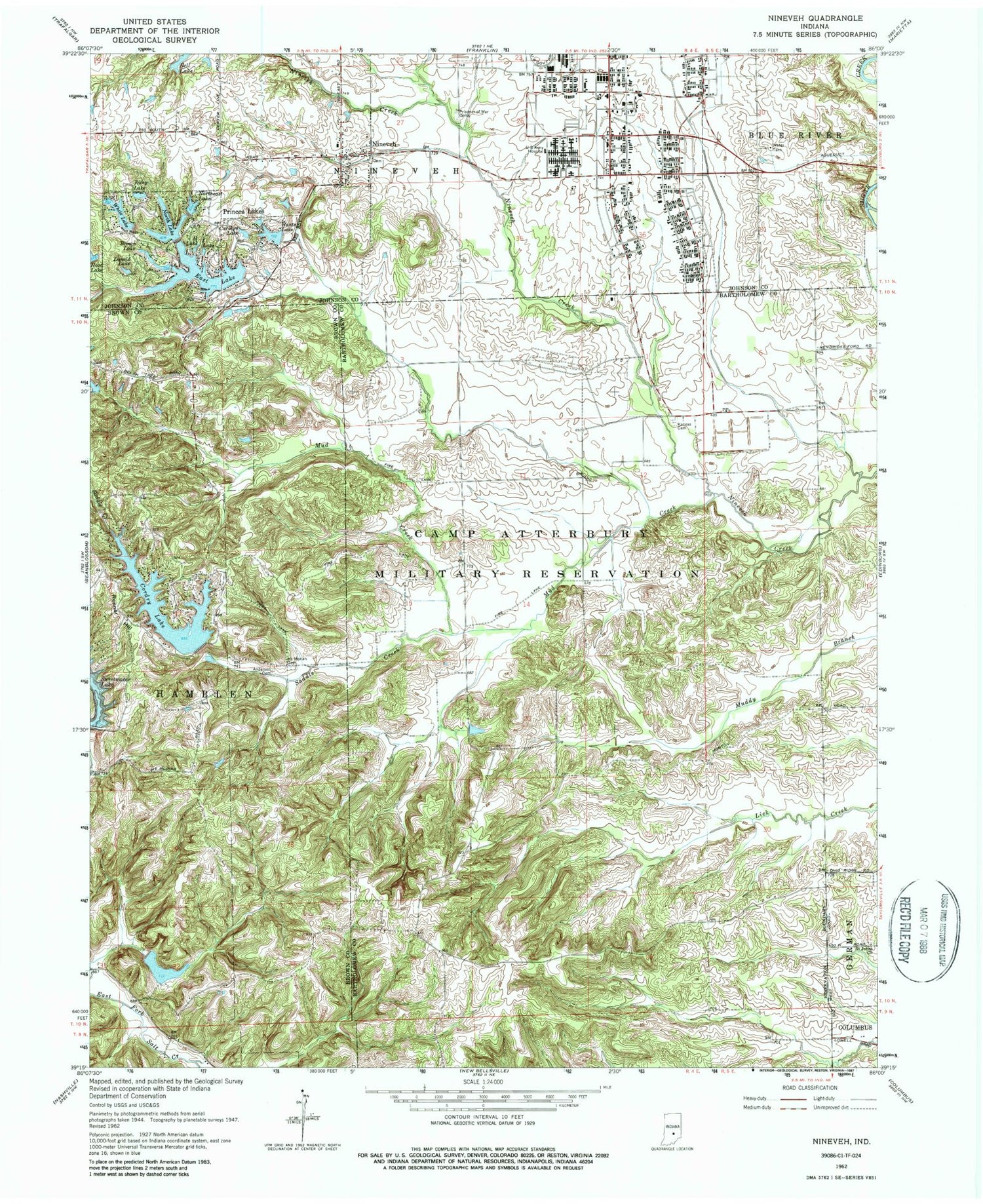 Classic USGS Nineveh Indiana 7.5'x7.5' Topo Map Image