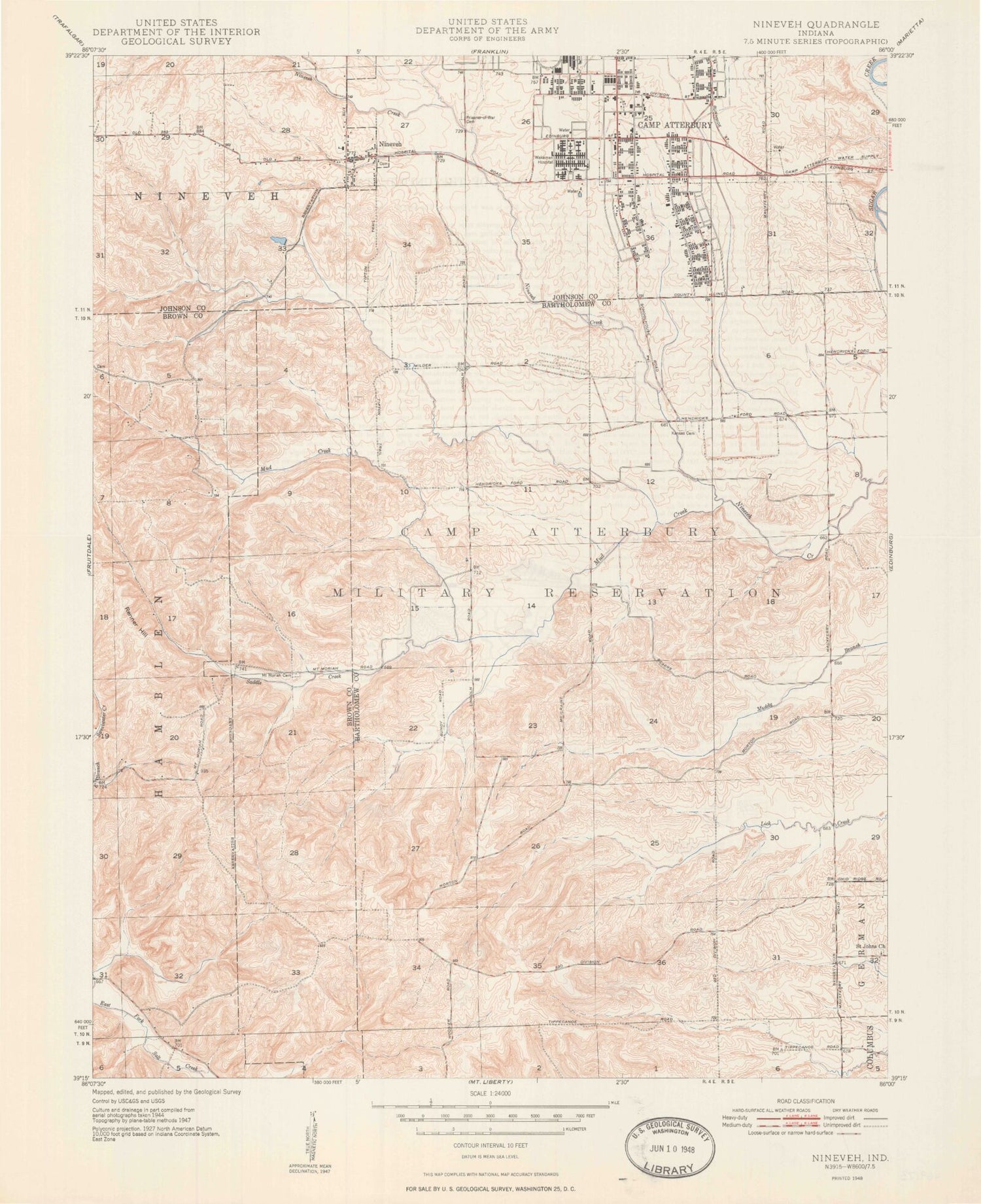 Classic USGS Nineveh Indiana 7.5'x7.5' Topo Map Image