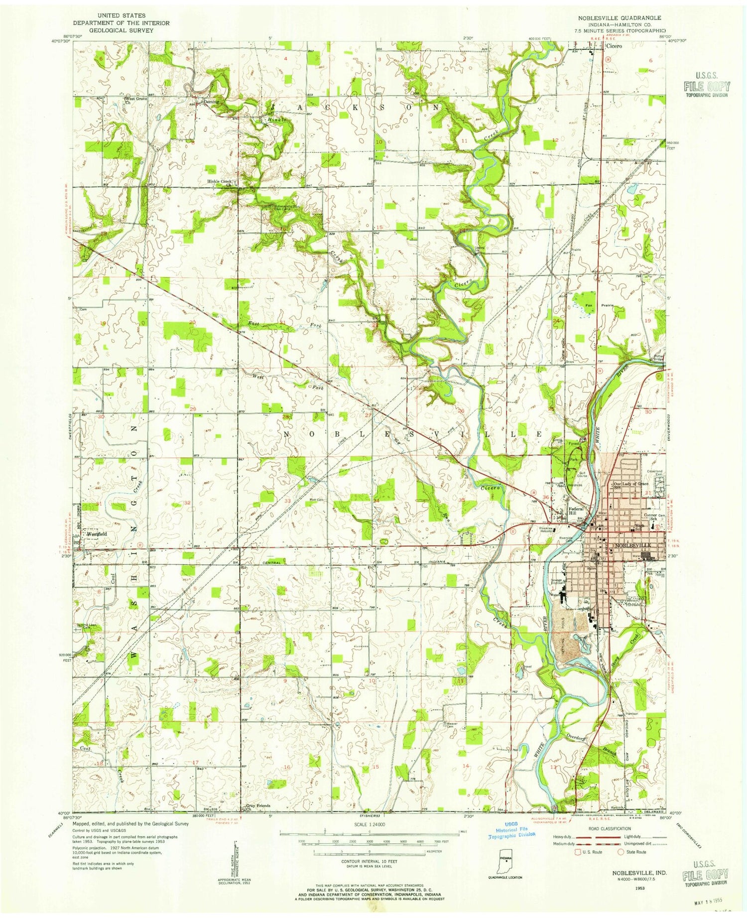 Classic USGS Noblesville Indiana 7.5'x7.5' Topo Map Image