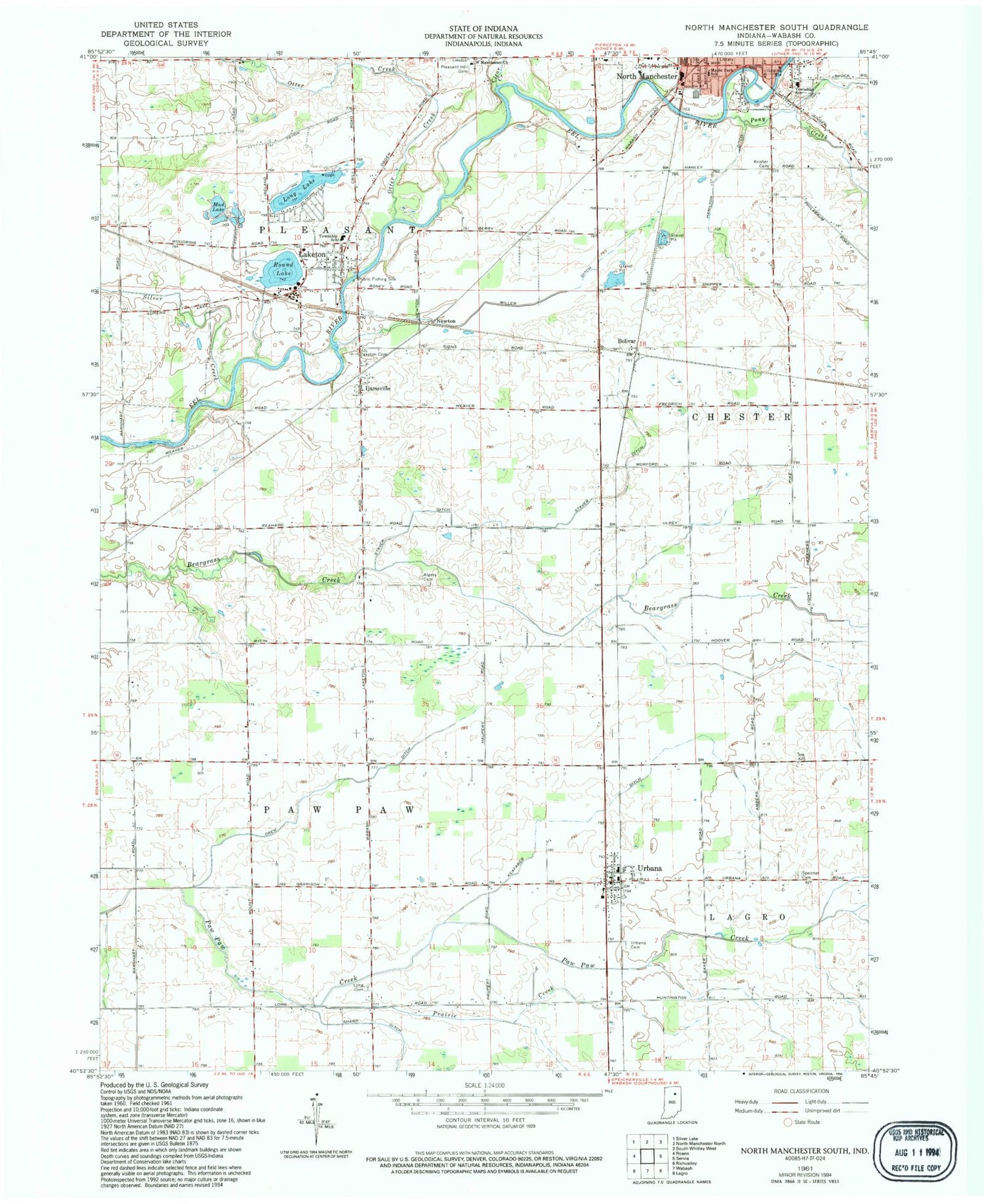 Classic USGS North Manchester South Indiana 7.5'x7.5' Topo Map Image