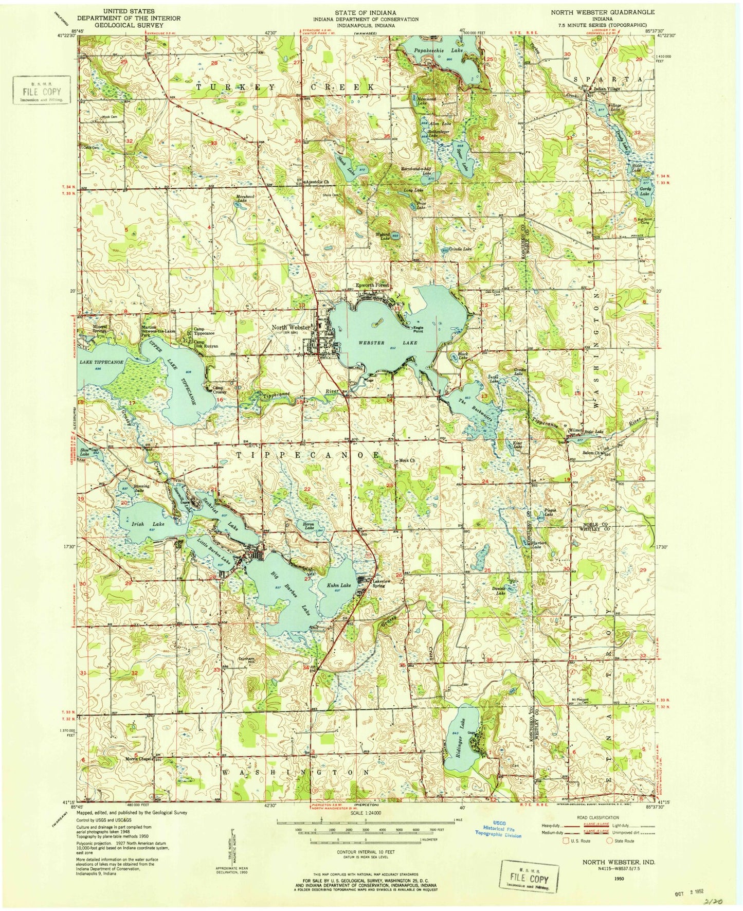 Classic USGS North Webster Indiana 7.5'x7.5' Topo Map Image